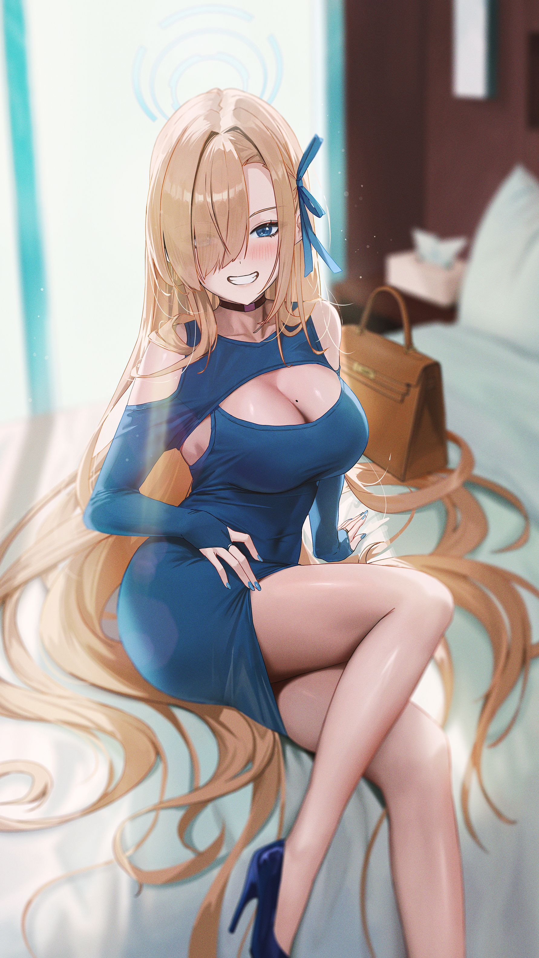 Anime 1782x3168 anime anime girls Blue Archive long hair Asuna Ichinose choker moles mole on breast dress blue dress painted nails blue nails blonde blue eyes blue heels heels smiling blushing cleavage big boobs Fieryonion portrait display bed hair over one eye hair spread out sitting bare shoulders purse indoors women indoors