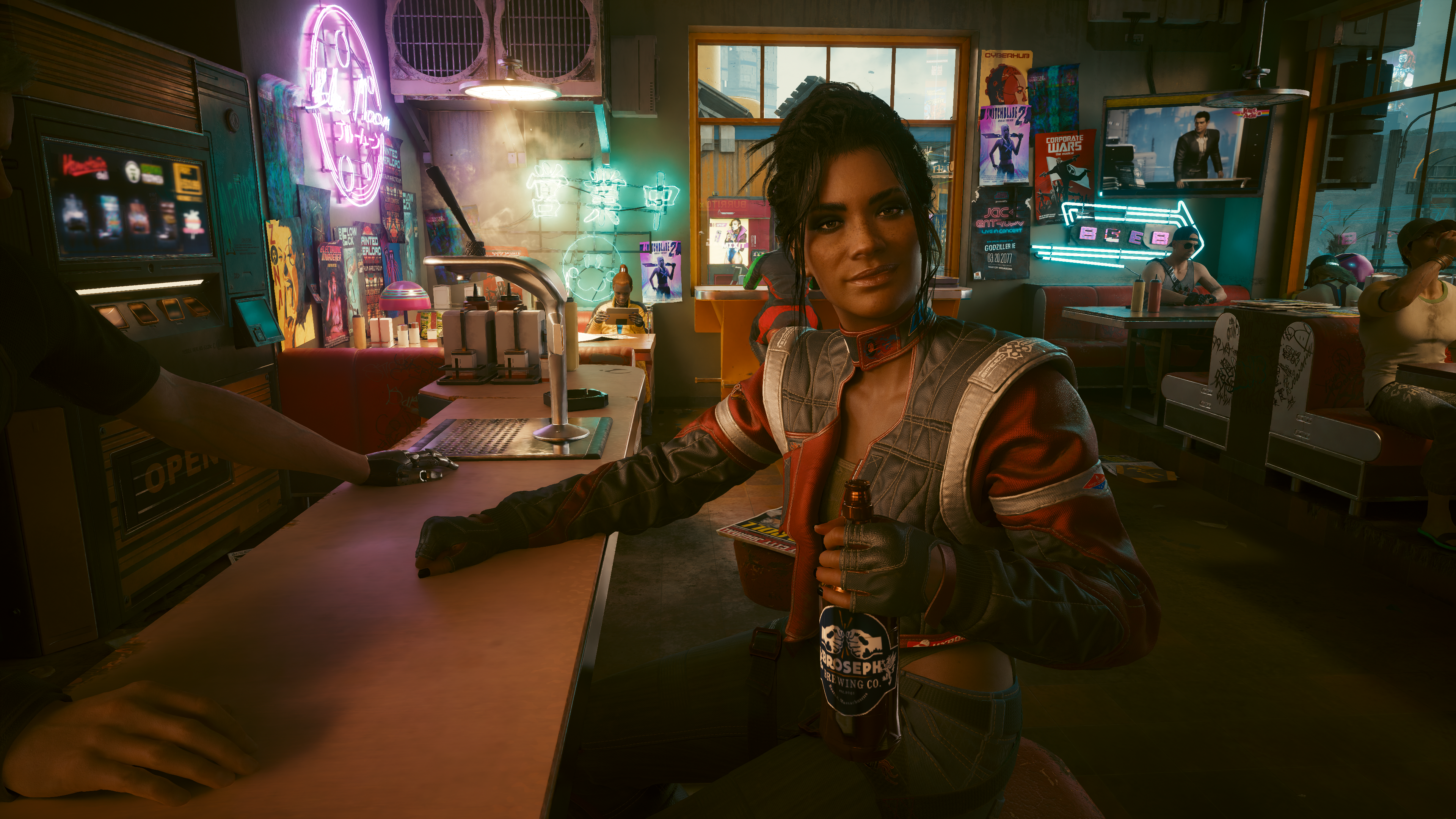 General 3840x2160 cyberpunk 2077 Panam Palmer Cyberpunk 2077 sitting video game characters CGI video game art screen shot video game girls bottles glass bottle Panam Palmer digital art short hair looking at viewer bar neon jacket drink video games closed mouth black nails painted nails signs TV poster POV