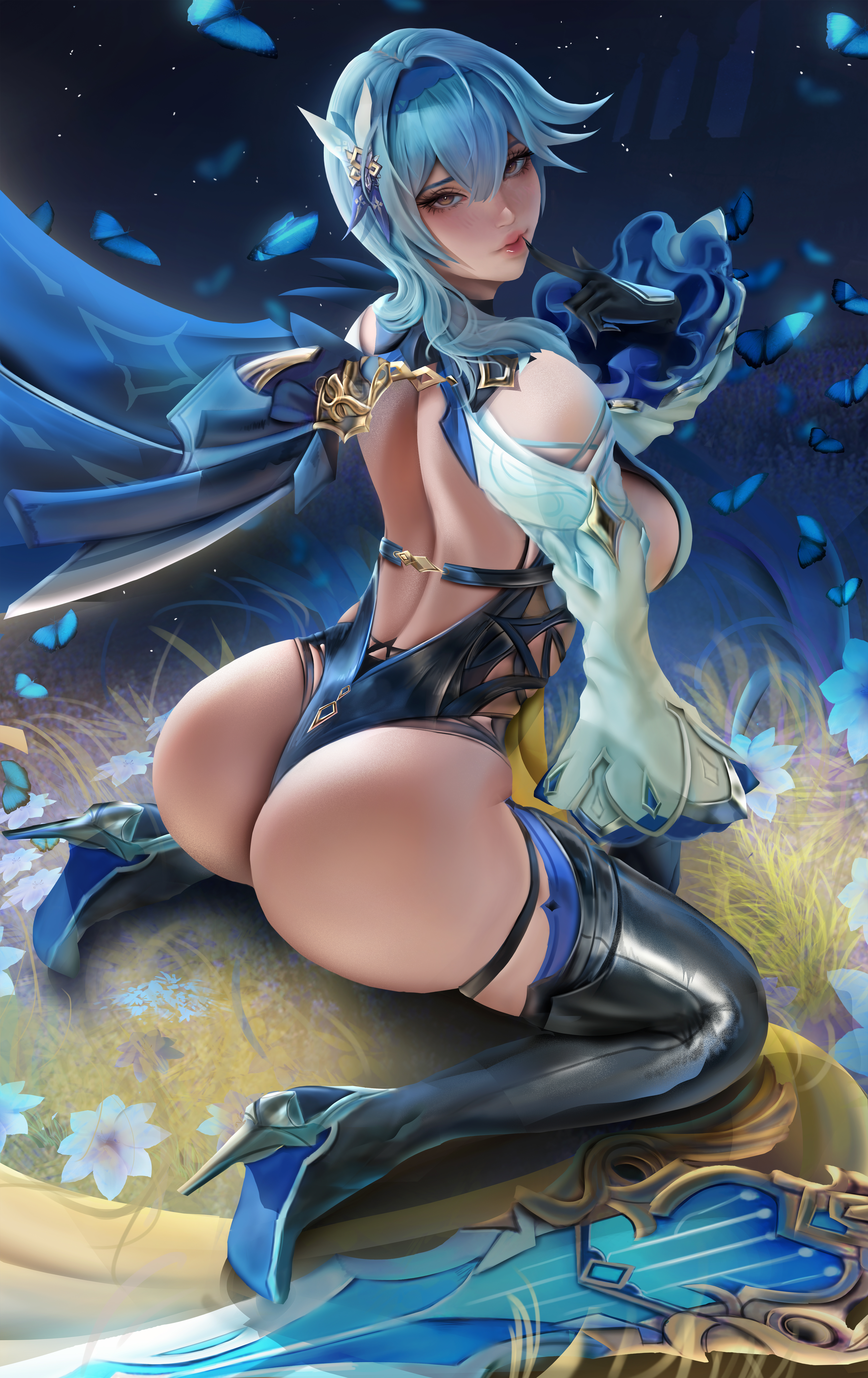 General 4248x6744 Eula (Genshin Impact) RachedDraws digital art artwork illustration women ass light blue hair butterfly looking at viewer dress video game characters fan art kneeling portrait display short hair heels video game girls blue hair flowers sideboob big boobs closed mouth insect sword arched back