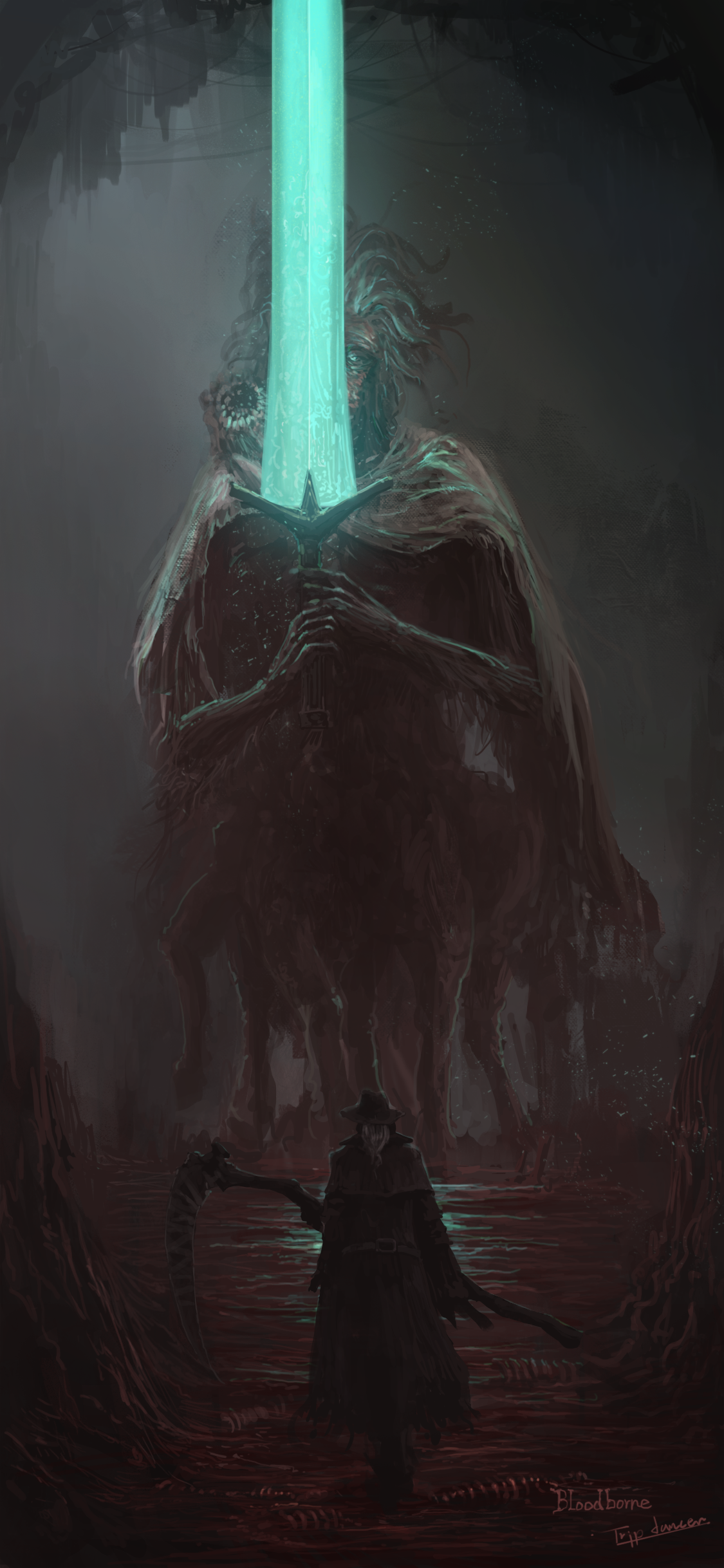 General 1125x2436 fantasy art digital art artwork video game art Bloodborne video games Ludwig (Bloodborne) cape video game characters hat signature TripDancer scythe portrait display creature torn clothes long hair weapon cave one eye obstructed sword