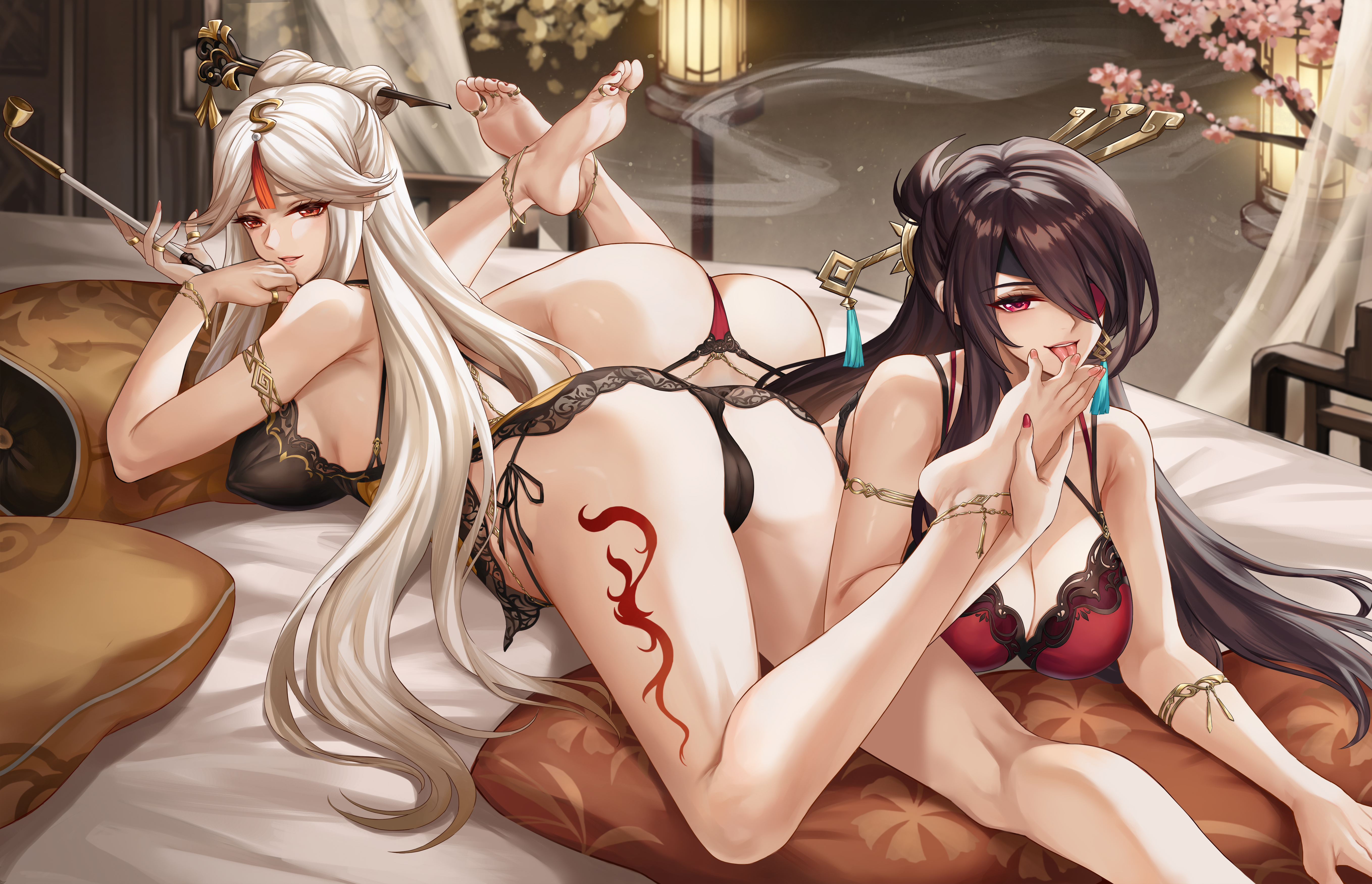 Anime 5434x3500 anime anime girls rear view smiling ass curvy yuri Genshin Impact tattoo Chinese fan art feet feet in face legs up licking feet foot sole Kacyu looking at viewer looking over shoulder bed looking back tongues licking smoke toes lying down lying on front long hair pillow in bed big boobs cleavage cameltoe foot fetishism bracelets underwear anklet feet in the air pipes Beidou (Genshin Impact) Ningguang (Genshin Impact)