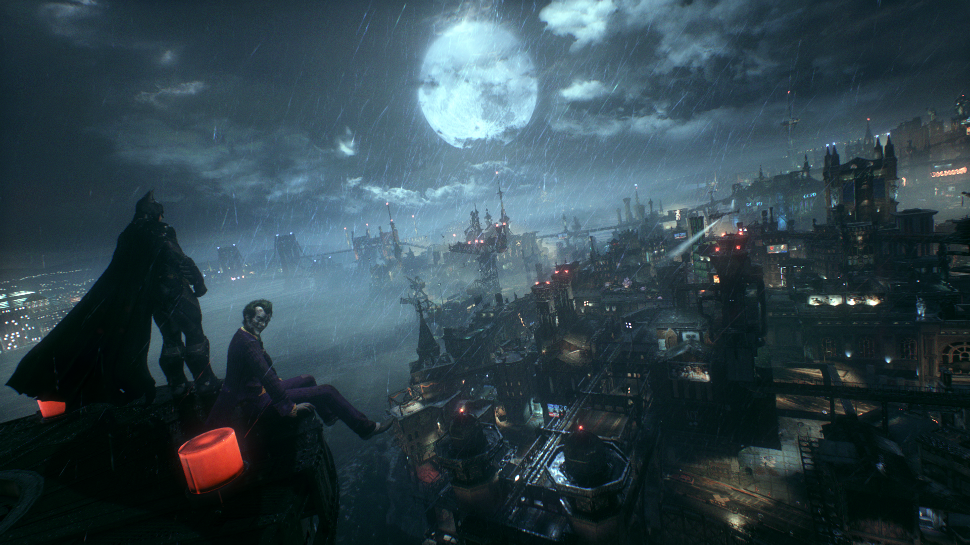 General 1920x1080 Batman: Arkham Knight PC gaming video games city night rain video game art screen shot standing sky cape cityscape clouds Joker looking at viewer looking sideways water video game characters CGI