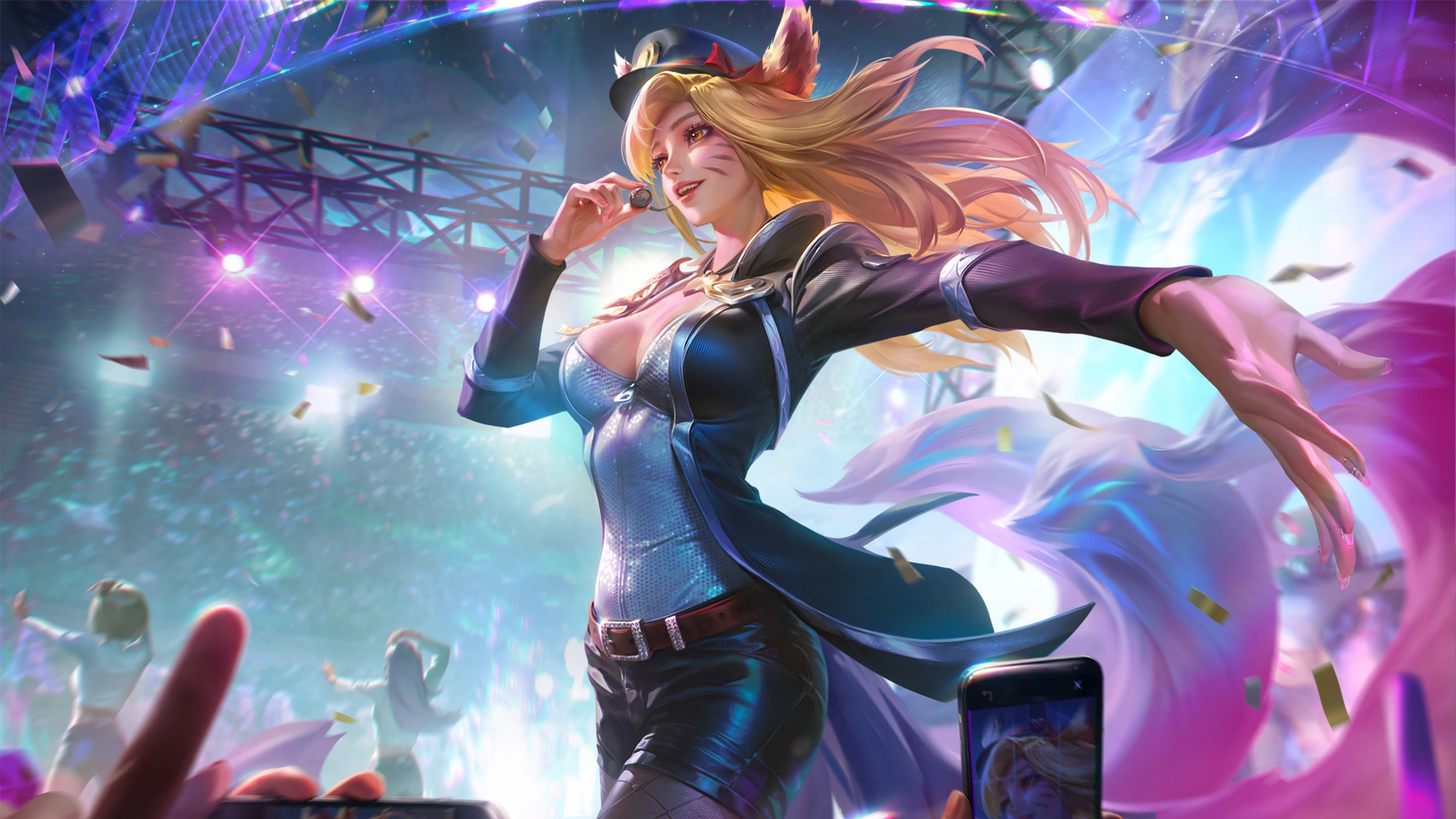 General 2560x1440 Ahri (League of Legends) League of Legends singer video game characters video game art long hair looking away yellow eyes parted lips smiling cleavage cutout cleavage stage light hat teeth video games fox girl fox ears fox tail