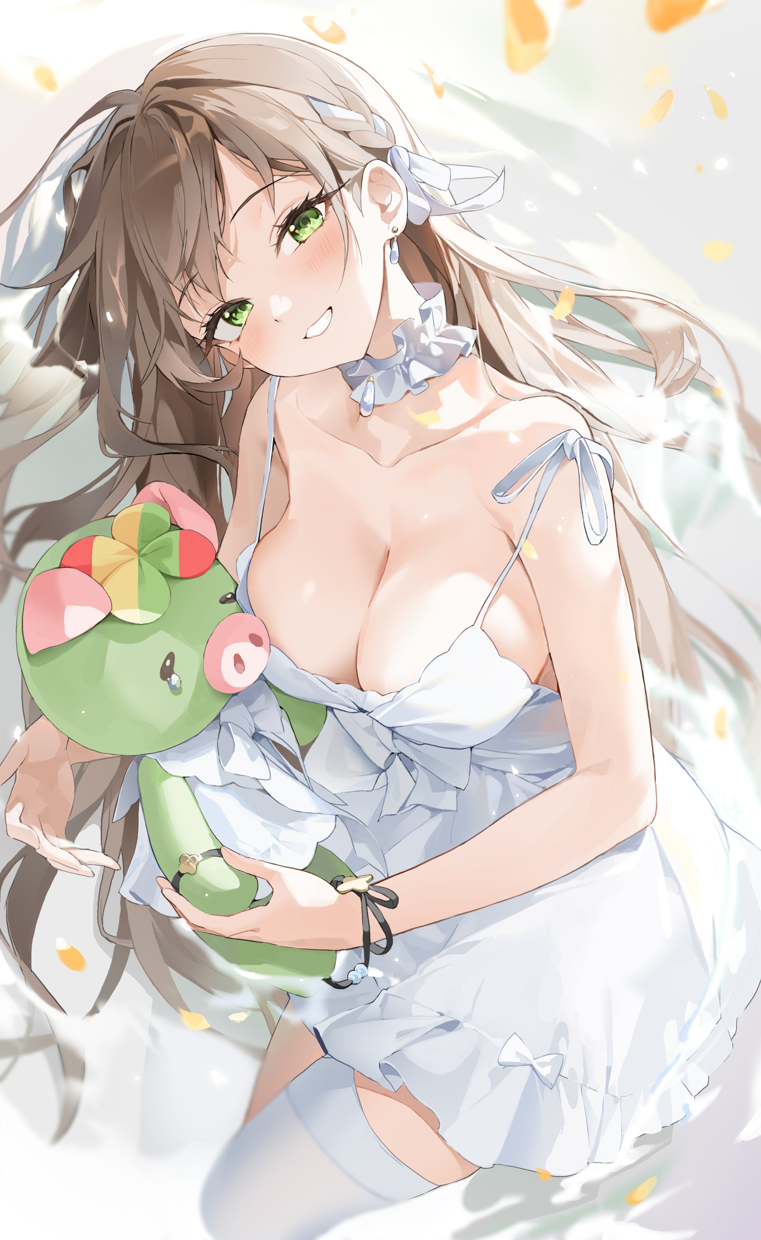 Anime 2514x4096 anime anime girls Chyo Virtual Youtuber looking at viewer brunette portrait display green eyes blushing collarbone bare shoulders cleavage big boobs teddy bears white stockings stockings long hair white dress dress french braids parted lips choker missing stocking frills earring petals