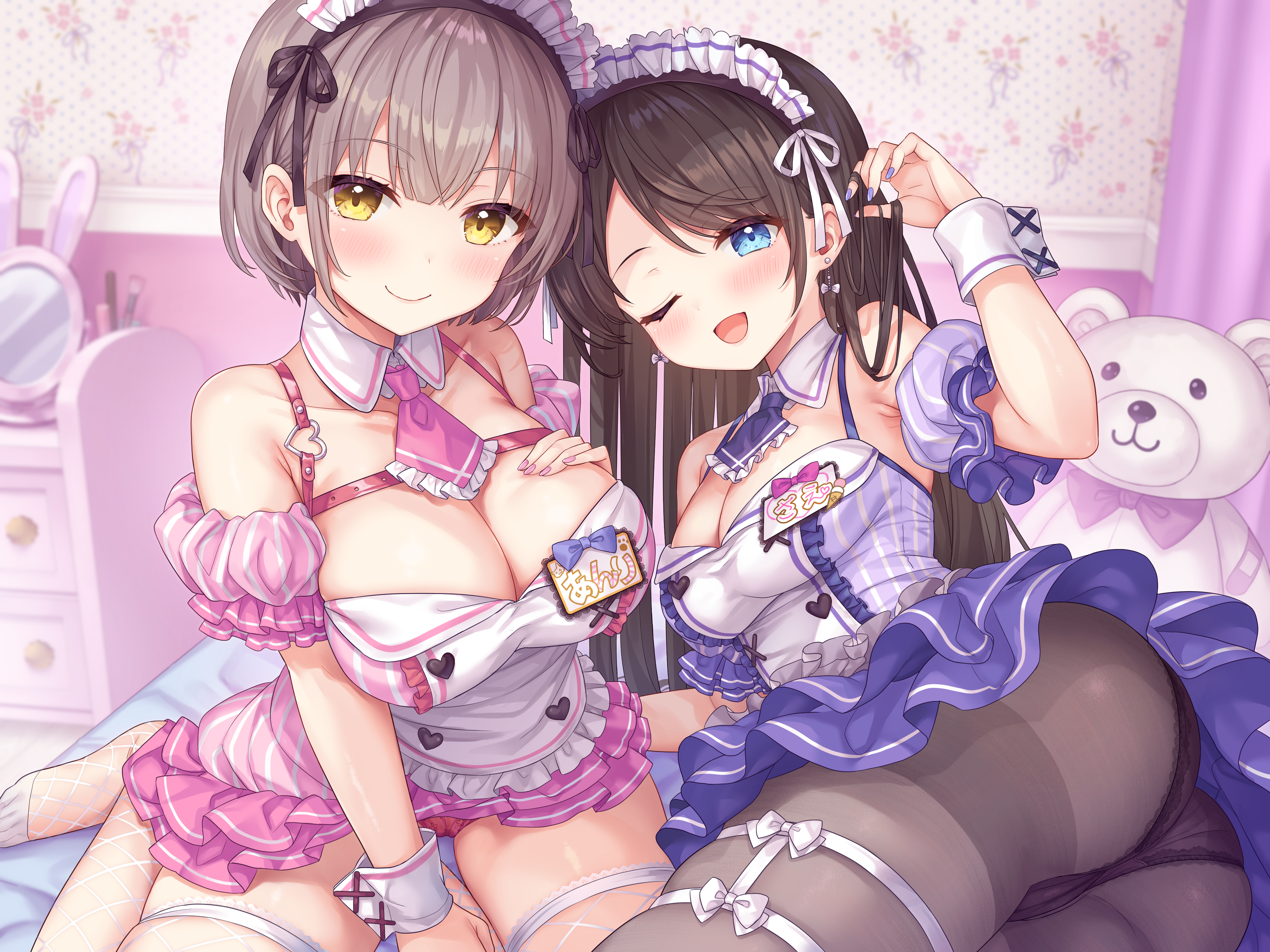 Anime 4000x3000 anime anime girls ass yellow eyes brunette smiling open mouth boobs upskirt skirt frills wink looking at viewer Otosume Ruiko short hair indoors women indoors long hair closed mouth blushing cleavage black pantyhose pantyhose headdress in bed bed bare shoulders collarbone wrist cuffs one eye closed blue eyes teddy bears Skindentation wariza fishnet stockings stockings bedroom earring blue nails painted nails big boobs mirror holding hair