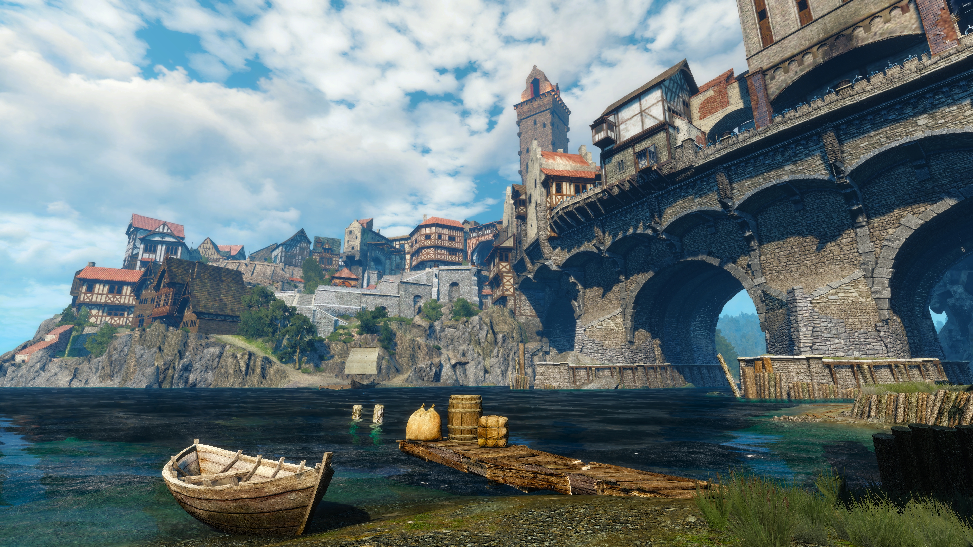 General 3840x2160 The Witcher 3: Wild Hunt screen shot PC gaming Novigrad bridge river boat city cityscape video game art video games architecture trees CGI water barrels building sky clouds sunlight wood