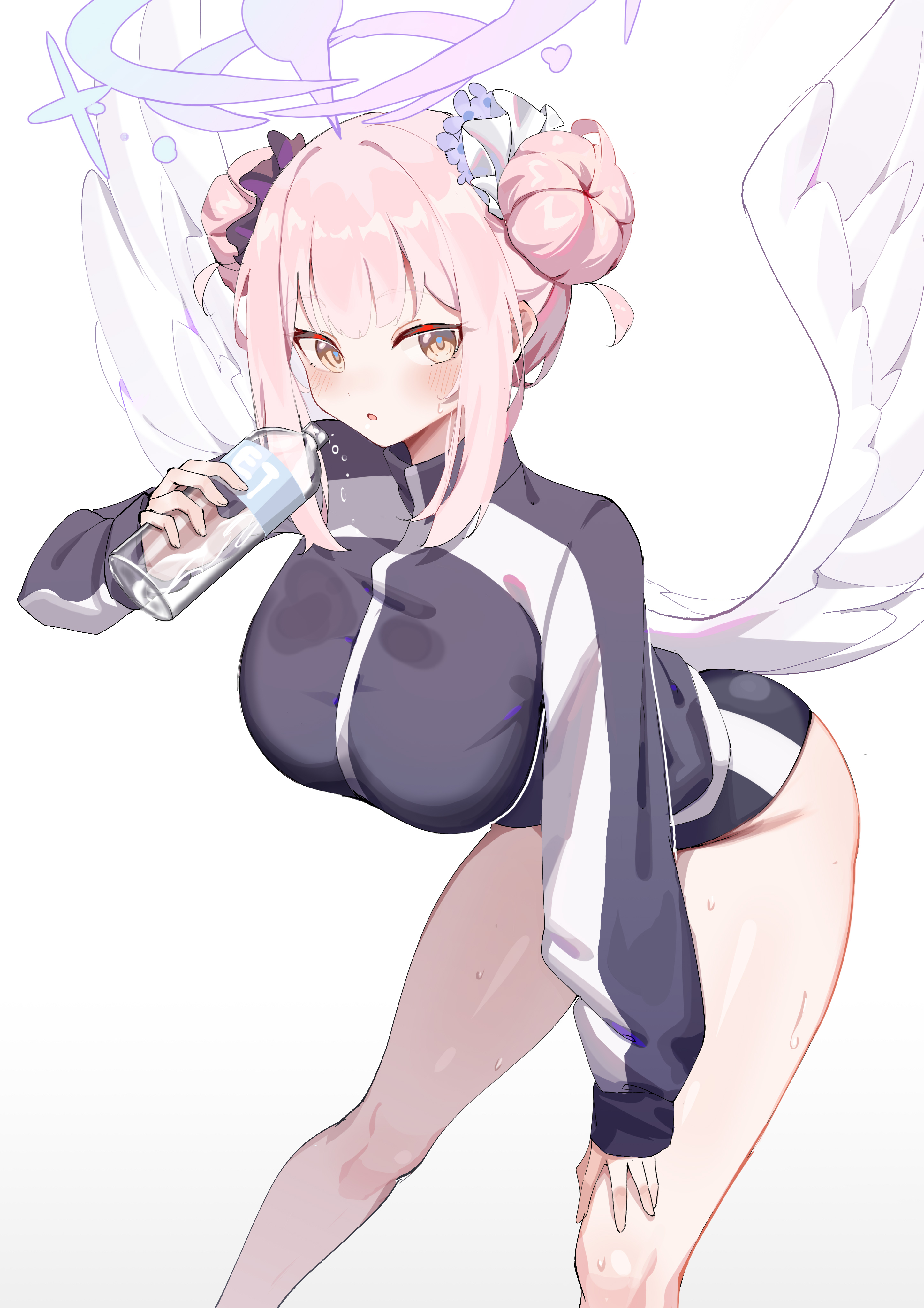 Anime 2894x4093 anime anime girls Etoile (artist), eto8012 Misono Mika simple background wings white background water water bottle hairbun twin buns short hair blushing looking at viewer leaning hands on knees minimalism standing anime girl with wings Blue Archive sports shorts portrait display jacket long sleeves turtlenecks