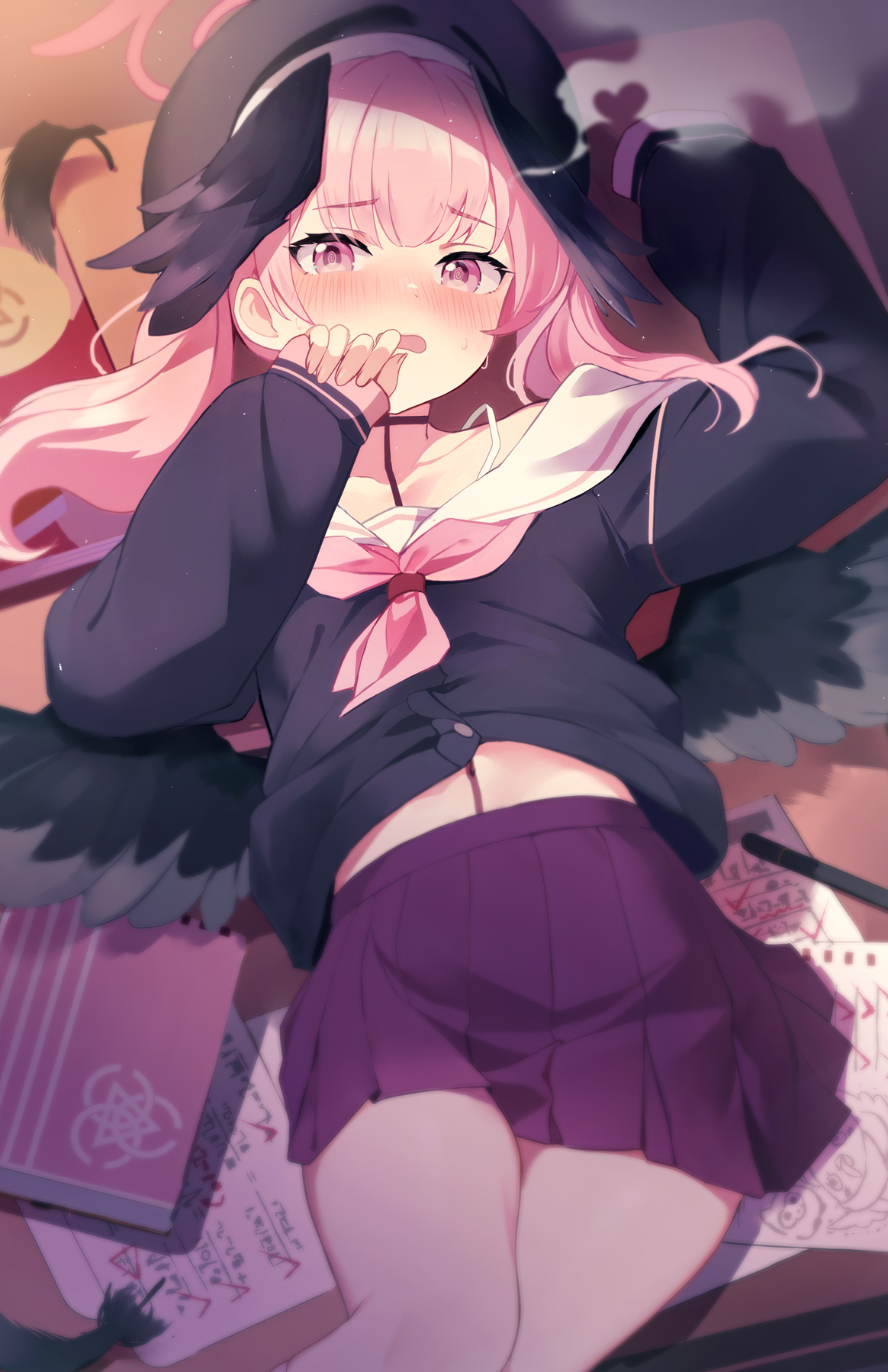 Anime 1164x1798 anime anime girls Monoto portrait display looking at viewer blushing lying down lying on back Shimoe Koharu (Blue Archive) Blue Archive pink hair pink eyes feathers schoolgirl school uniform open mouth head wings wings sweatdrop skirt thighs paper long sleeves books