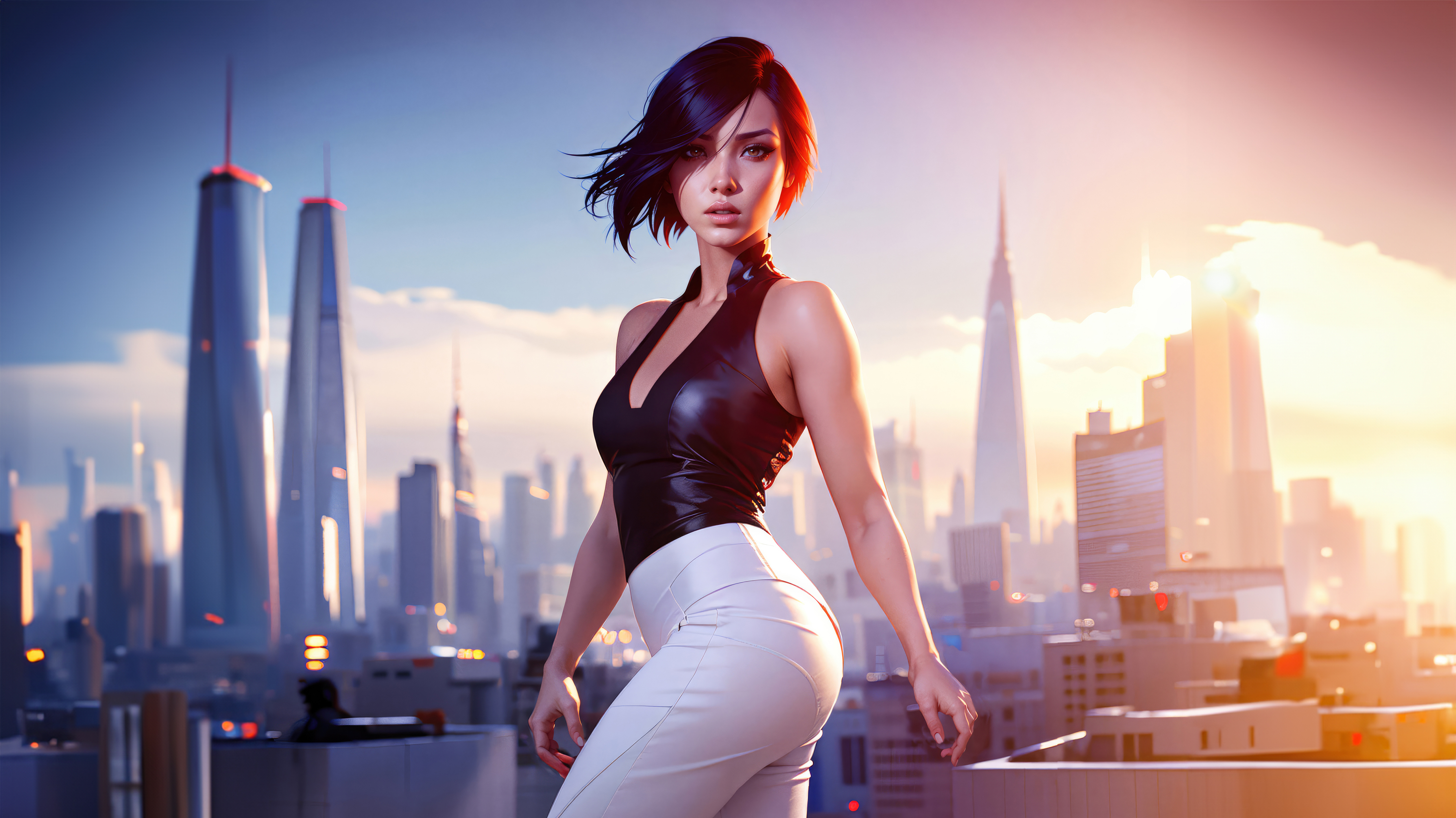 General 5120x2880 city AI art sky Mirror's Edge video games video game characters video game girls sunlight parted lips building bare shoulders collarbone standing side view depth of field short hair digital art looking at viewer