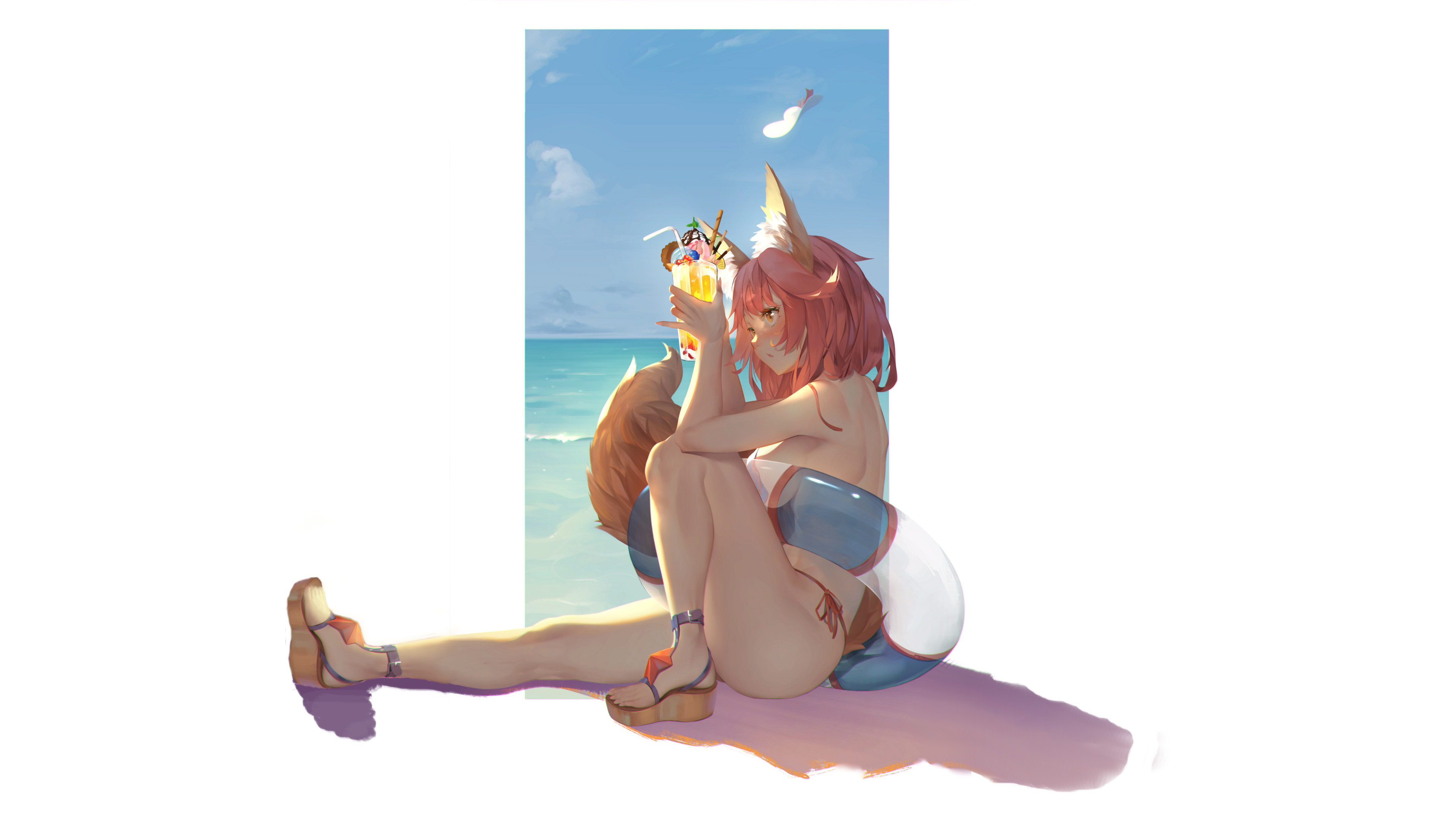 Anime 3840x2160 anime anime girls fox ears floater sky Tamamo Cat (Fate/Grand Order) Fate/Grand Order water Fate series swimwear drinking straw long hair open mouth yellow eyes pink hair fox girl fox tail hat drink blushing