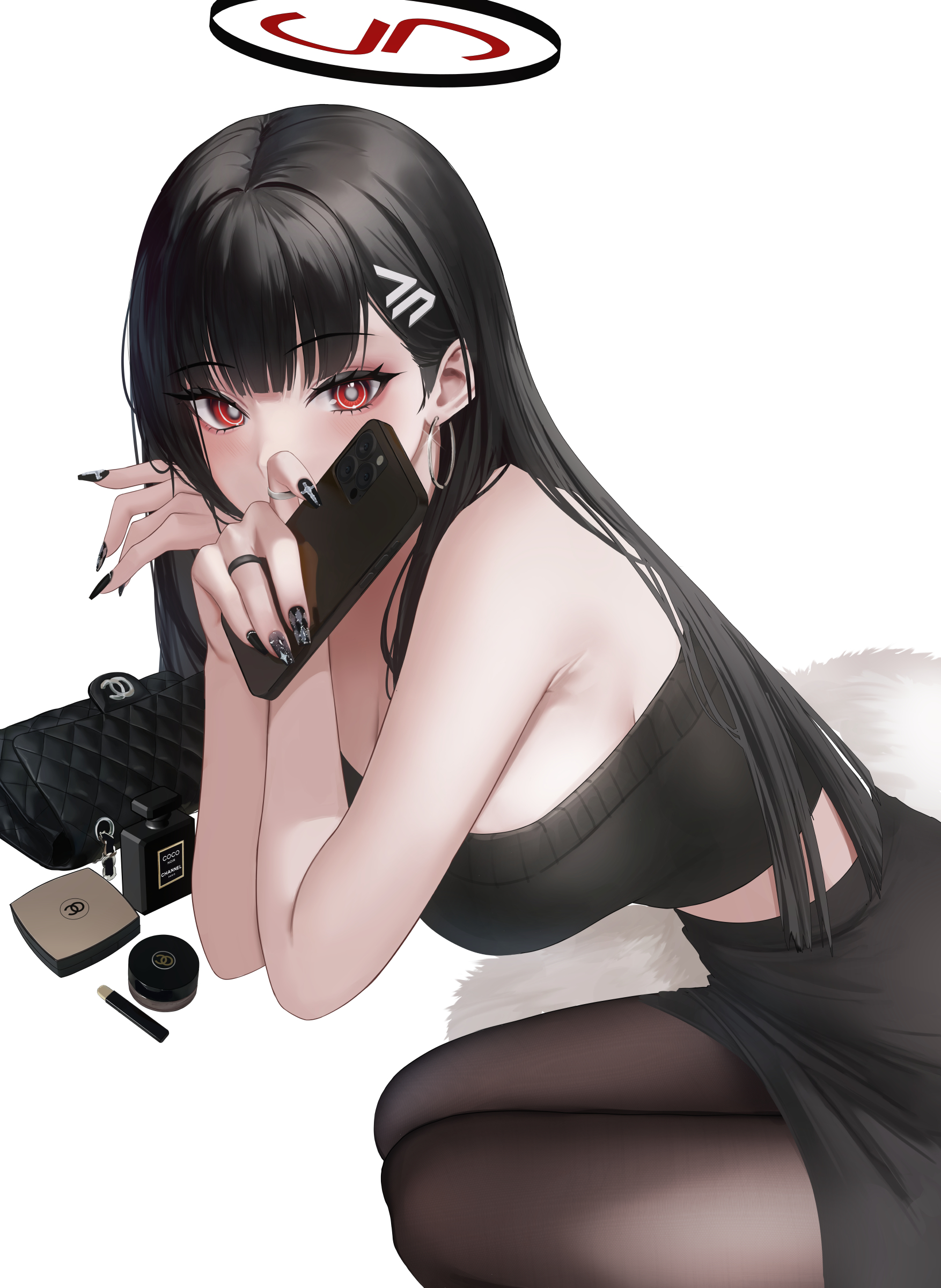 Anime 1754x2400 Blue Archive black hair portrait display anime girls Tsukatsuki Rio bare midriff black clothing red eyes simple background phone white background purse huge breasts black skirts looking at viewer earring hoop earrings long hair Abab Xiaxia black nails black top hair ornament tube top bare shoulders bright eyes pantyhose black pantyhose makeup blushing straight hair sideboob smartphone cellphone nail polish thighs together jewelry holding phone anime painted nails bent legs