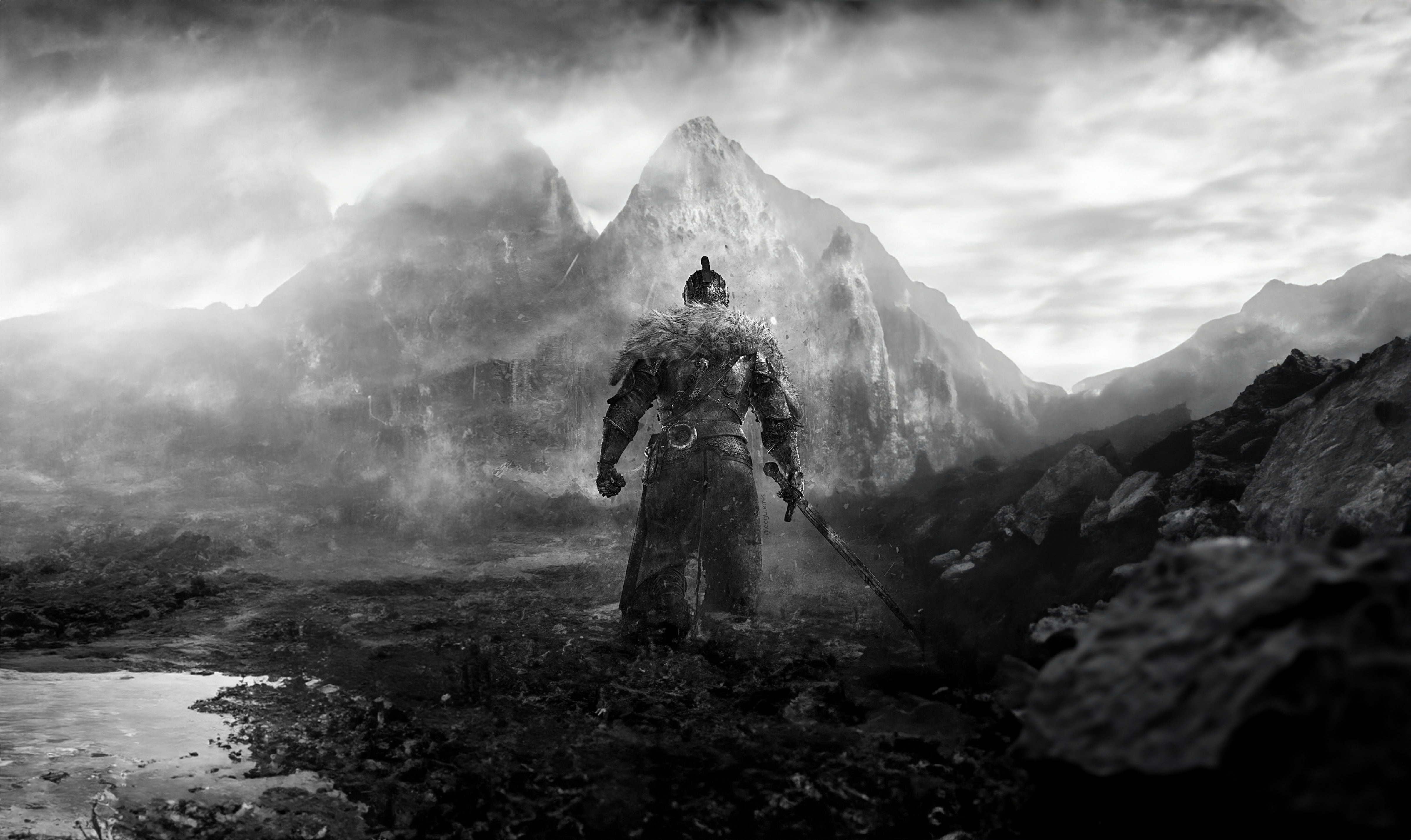 General 4798x2858 Dark Souls Dark Souls II warrior sword mist video games mountains video game art standing armor monochrome