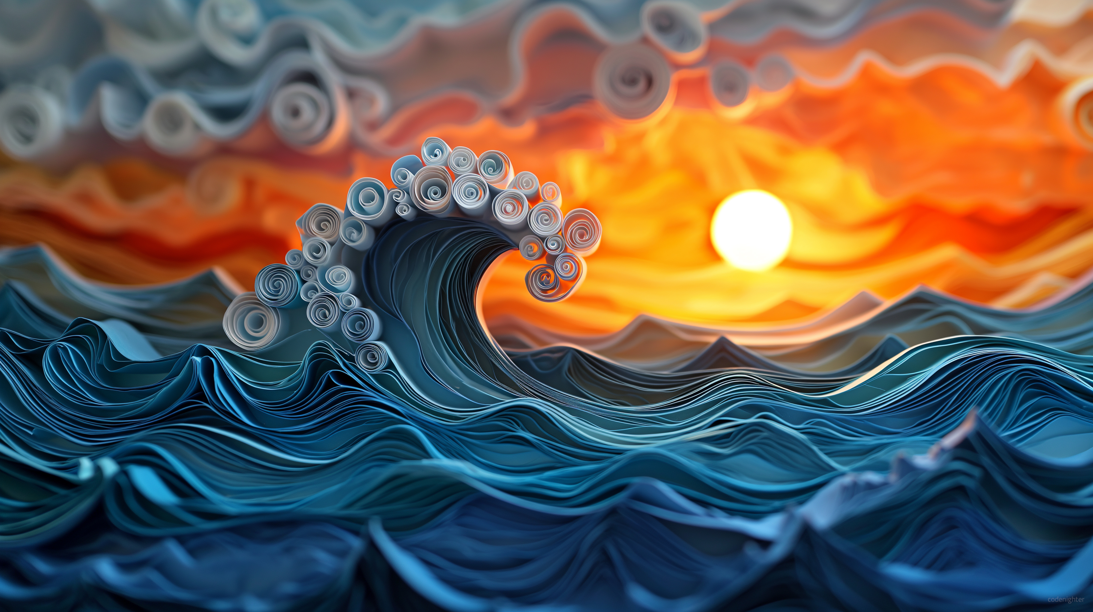 General 4568x2560 AI art digital art waves sunset sea paper art depth of field sunset glow water Sun sunlight