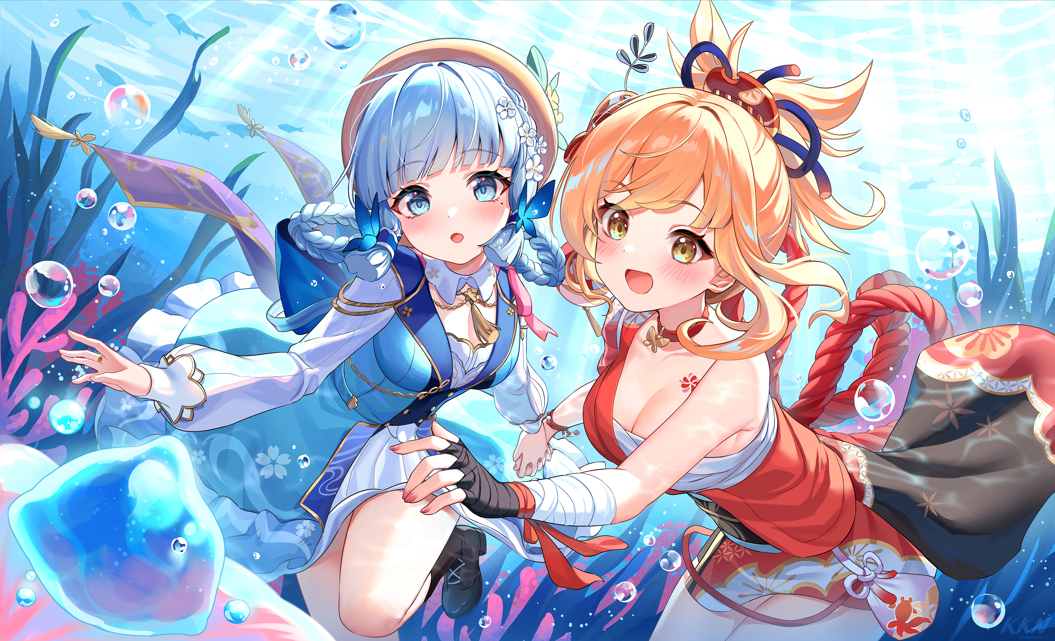 Anime 3440x2090 anime anime girls Kamisato Ayaka (Genshin Impact) Yoimiya (Genshin Impact) Genshin Impact Yun Ting underwater bubbles in water open mouth moles mole under eye blue hair blue eyes blonde yellow eyes flower in hair hair tubes sarashi coral water bandaged arm cleavage arms reaching hat hair ornament braids