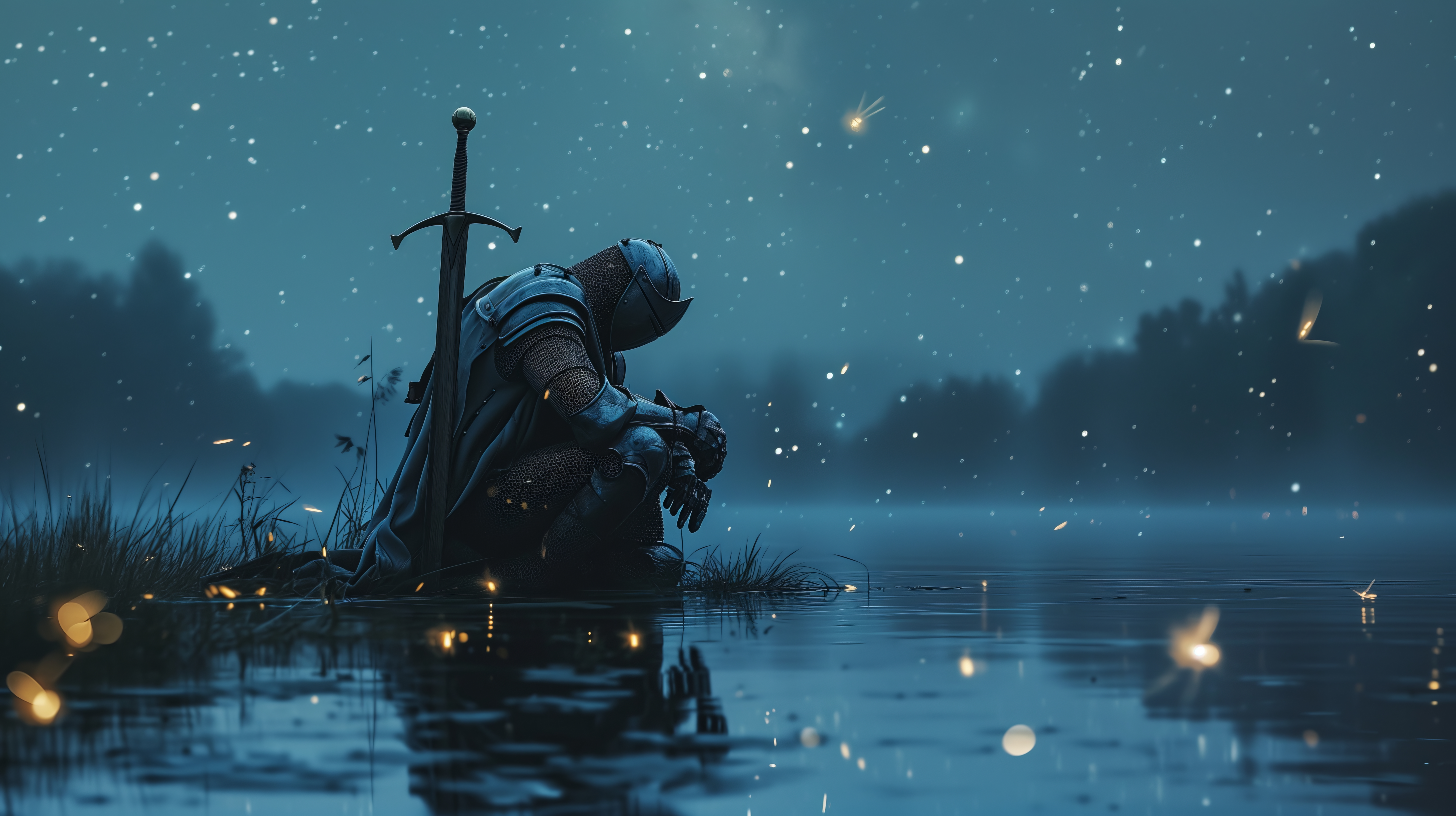 General 5824x3264 AI art knight sitting sword fireflies lake reflection blue sky water night soldier digital art