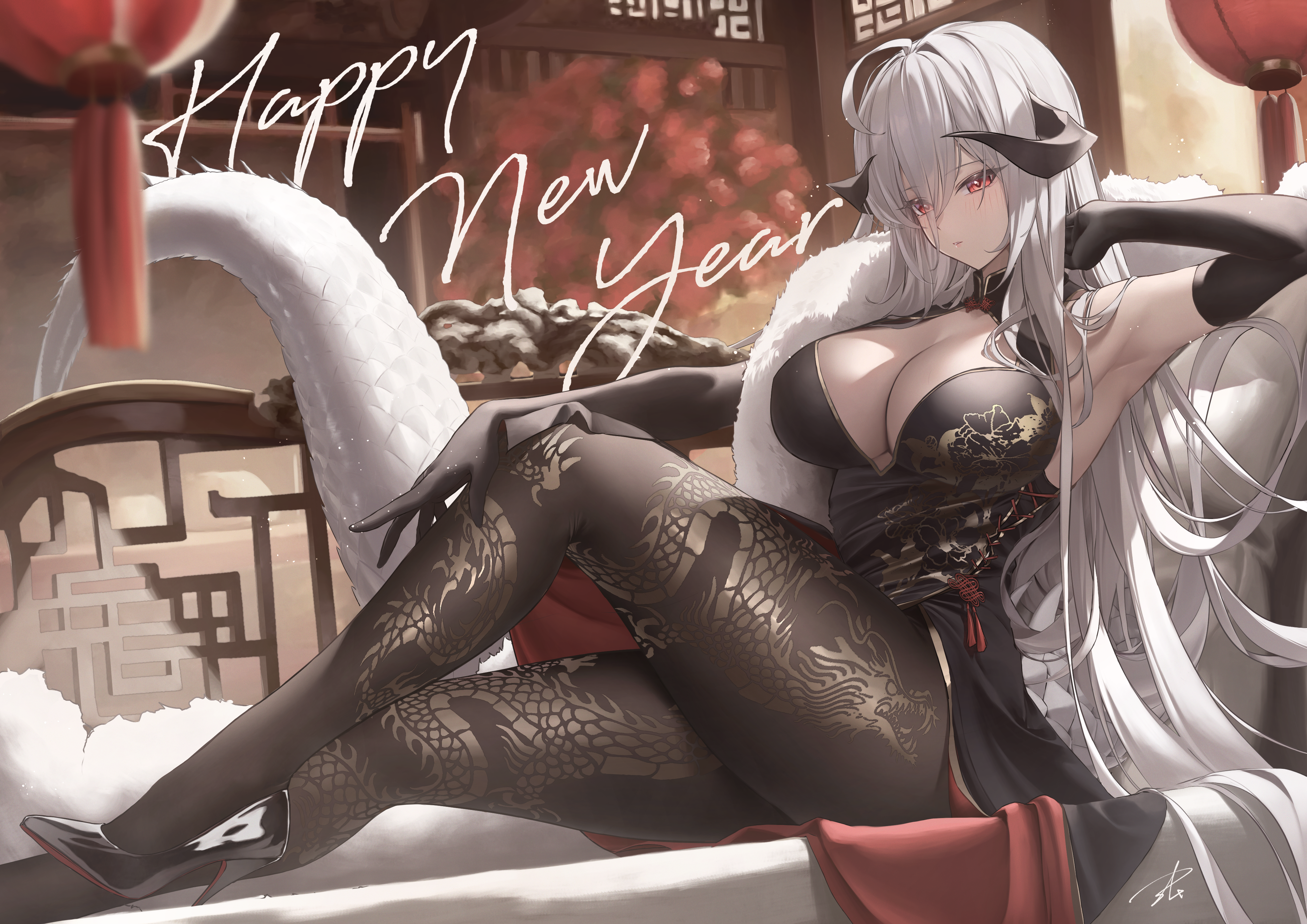 Anime 4093x2894 anime girls New Year looking at viewer sitting elbow gloves black gloves dragon tail dragon horns pantyhose black dress black pantyhose horns huge breasts red eyes Chinese dress armpits Chinese clothing long hair white hair black high-heels cleavage cutout signature Chinese zodiac black heels high heels closed mouth cleavage cheongsam Yabacha women indoors thighs heels dress
