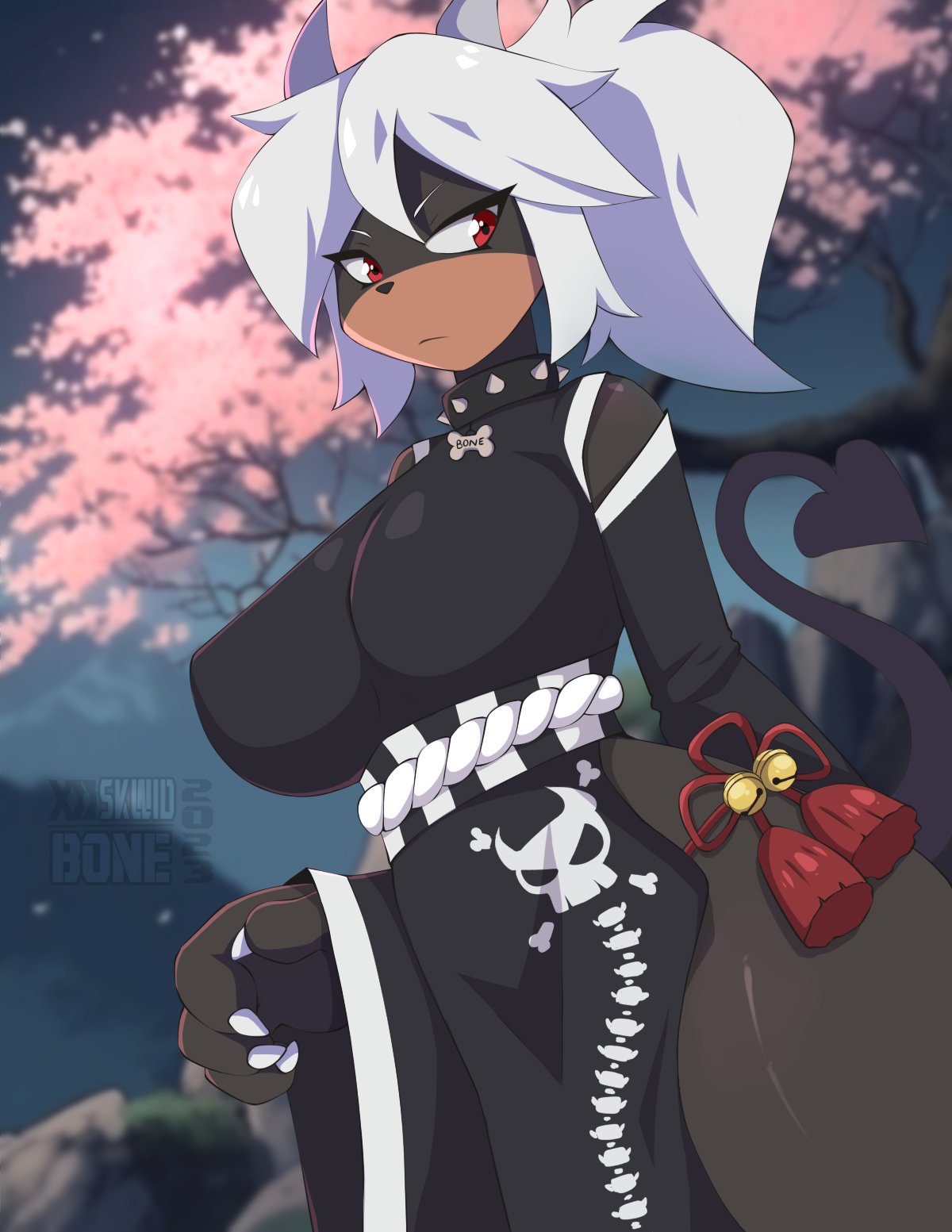 Anime 1200x1553 skwidbone Pokémon furry girls Nintendo looking at viewer collar houndoom closed mouth video game girls standing watermarked 2023 (year) hair between eyes claws portrait display anime spikes tassels bells wide sleeves long sleeves ponytail white hair tail horns trees petals Japanese clothes furry Anthro