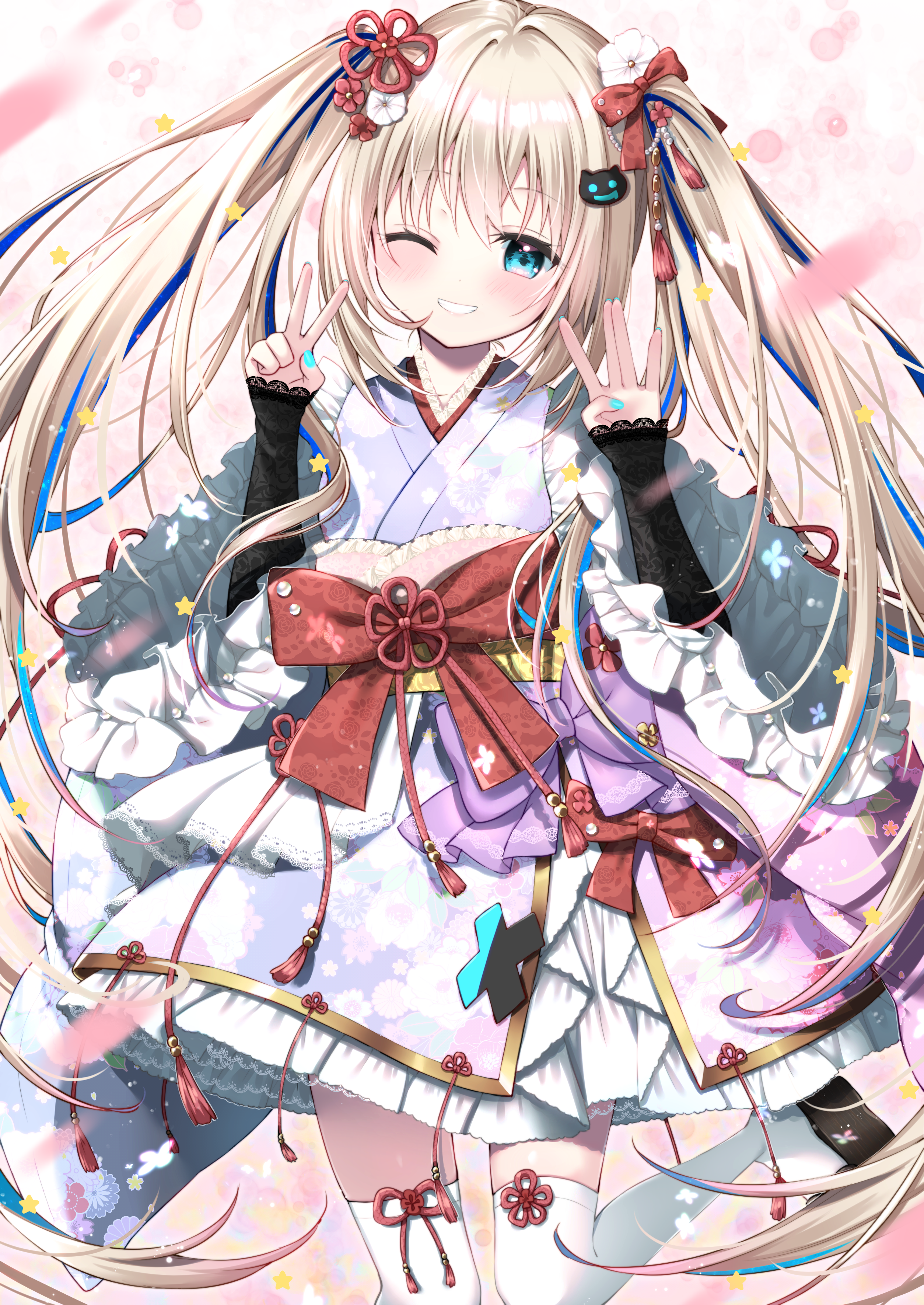 Anime 2508x3541 anime anime girls portrait display wink uchuuneko blonde blue eyes one eye closed parted lips peace sign looking at viewer twintails hair ornament wide sleeves blue nails painted nails long hair thigh-highs white thigh highs ribbon hair ribbon blushing lolita fashion sash indie virtual youtuber smiling Japanese clothes