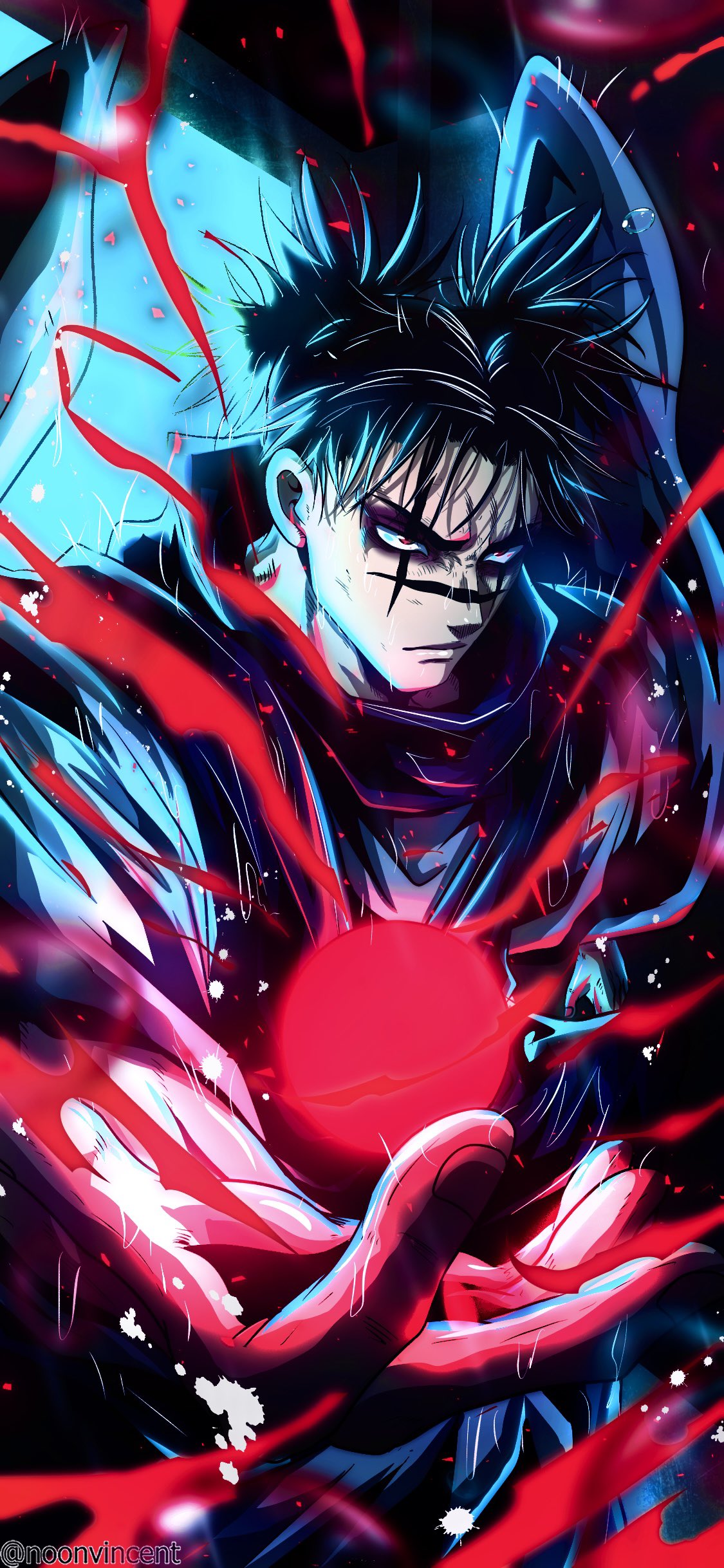 Anime 1125x2436 Choso (Jujutsu Kaisen) Jujutsu Kaisen anime boys scars vincentnoon portrait display frown closed mouth Spiky Hair looking at viewer red eyes watermarked