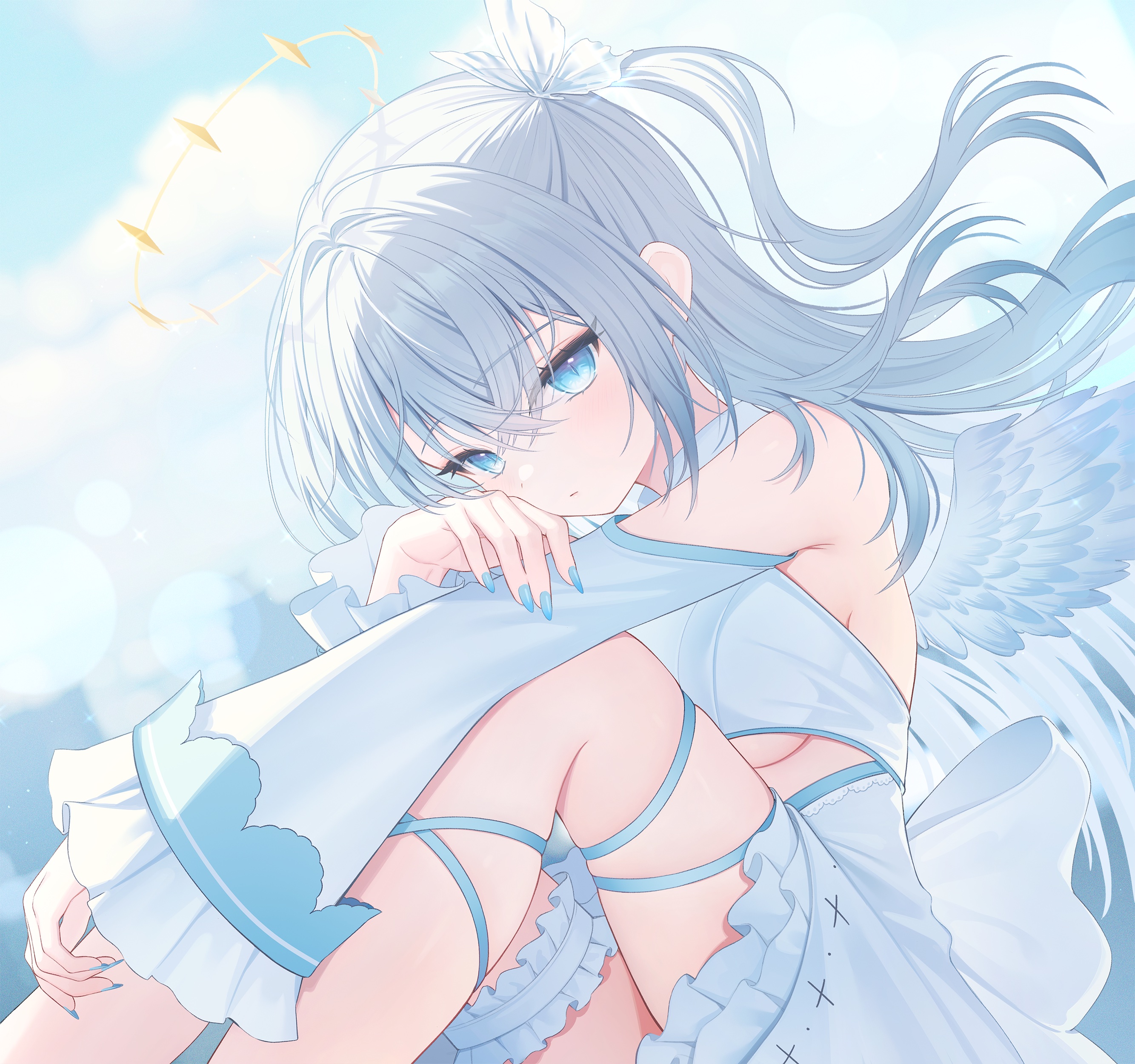 Anime 2667x2500 anime anime girls Hiuzawa reira Snow Is hair between eyes dress looking at viewer long hair gray hair blue eyes detached sleeves clouds frills halo sky blue nails painted nails closed mouth underboob Virtual Youtuber long nails long sleeves