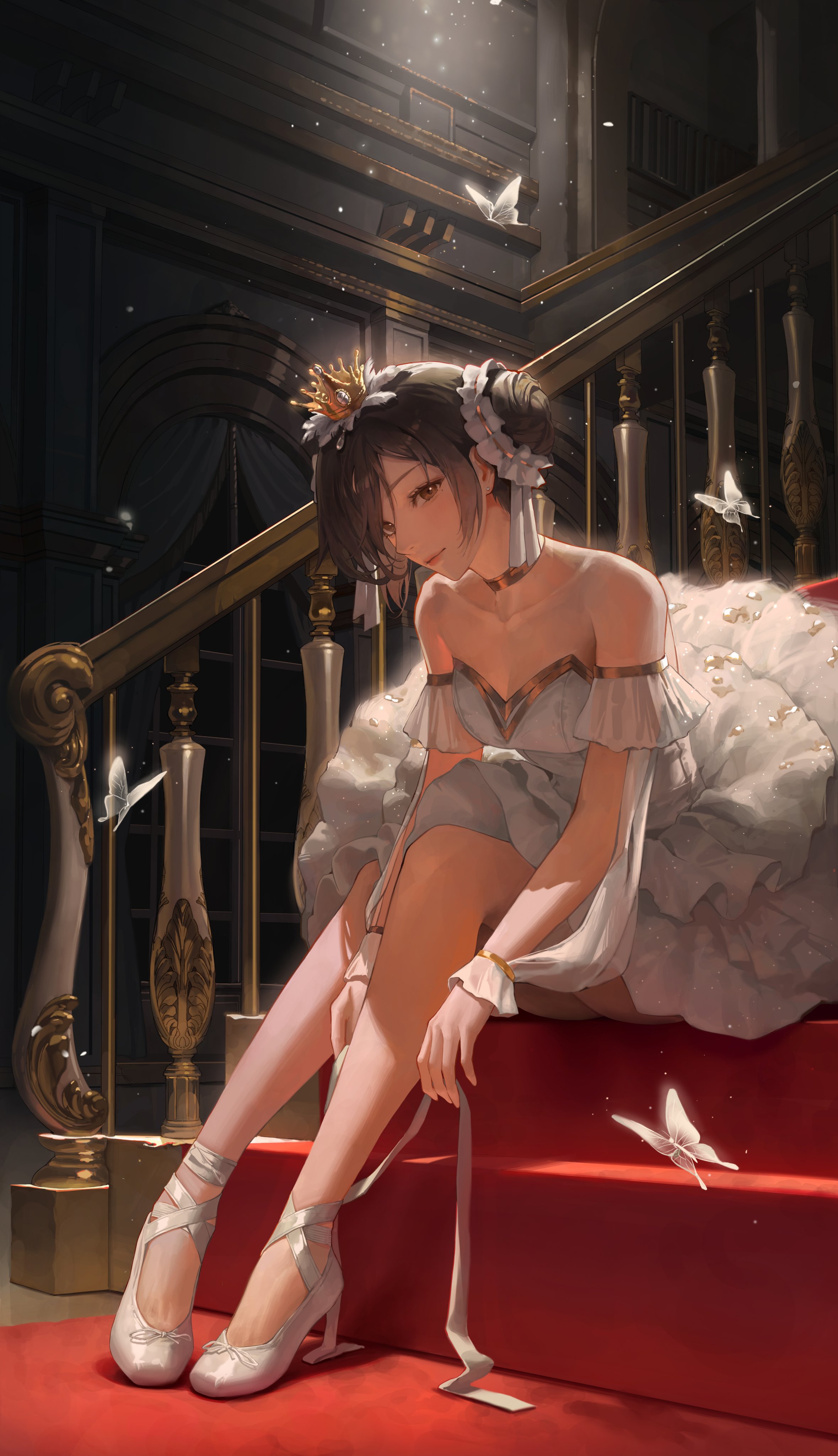 Anime 2358x4096 Bangsom anime girls looking at viewer ballerina ballet shoes brown eyes mole under eye tutu hair ornament dress black hair butterfly sitting bare shoulders red carpet strapless dress closed mouth white dress handrail crown legs gold-trimmed clothes bug portrait display hairbun stairs ballet slippers small boobs cleavage