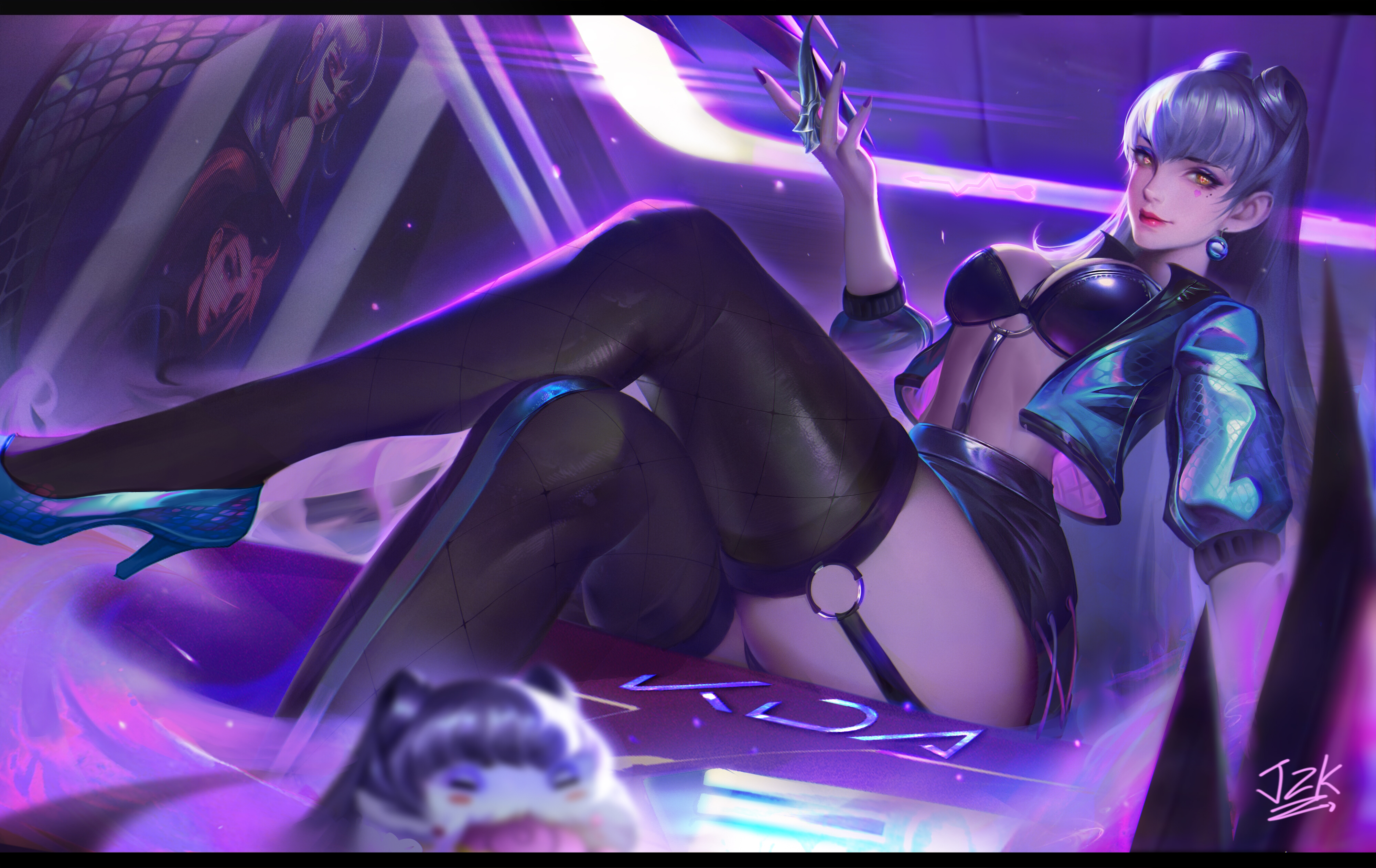 General 4000x2524 Evelynn (League of Legends) black stockings sitting KDA Evelynn signature League of Legends smiling looking at viewer long hair legs crossed closed mouth moles mole under eye video game characters jacket video game girls earring heels thighs