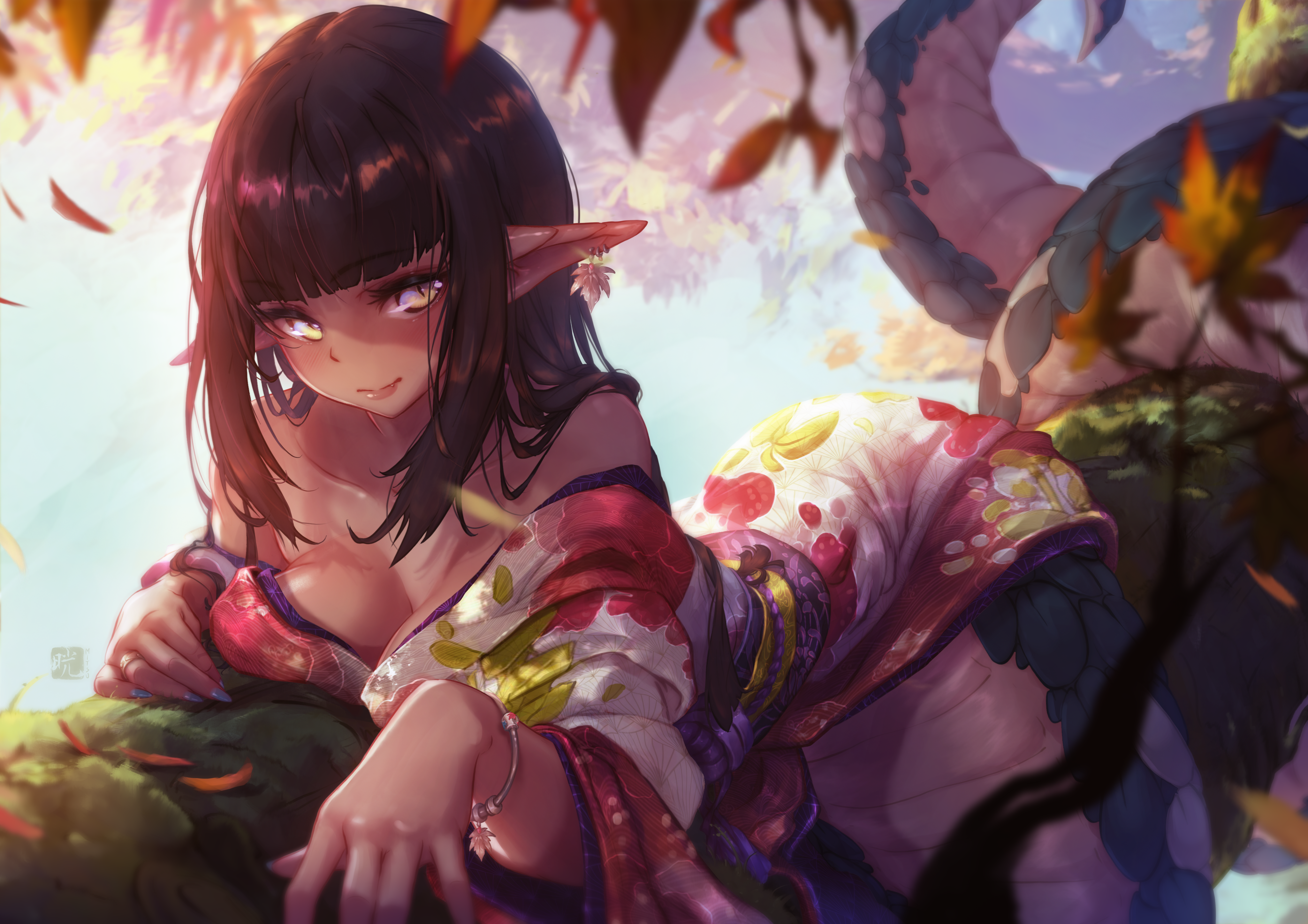 Anime 4096x2893 Mitsu Lin (OC) big boobs brunette lizard girl blushing Lamia looking at viewer lying down lying on front cleavage watermarked pointy ears yellow eyes closed mouth smiling outdoors women outdoors kimono bracelets earring long hair sunlight off shoulder blunt bangs branch tail dark skin bangs leaves anime girls sensual gaze blue nails painted nails rings