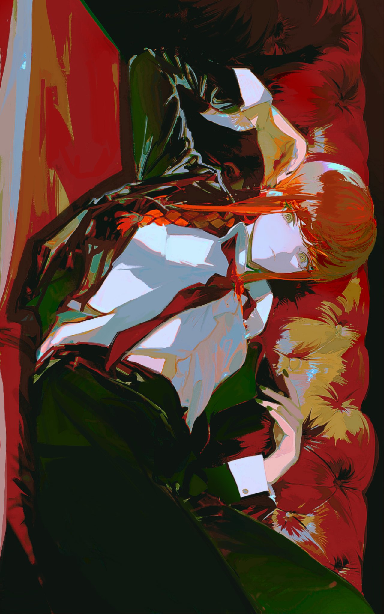 Anime 1280x2048 John Kafka anime anime girls Chainsaw Man Makima (Chainsaw Man) looking at viewer redhead yellow eyes open jacket suit and tie jacket black jackets long sleeves braids portrait display closed mouth long hair black nails painted nails red couch couch