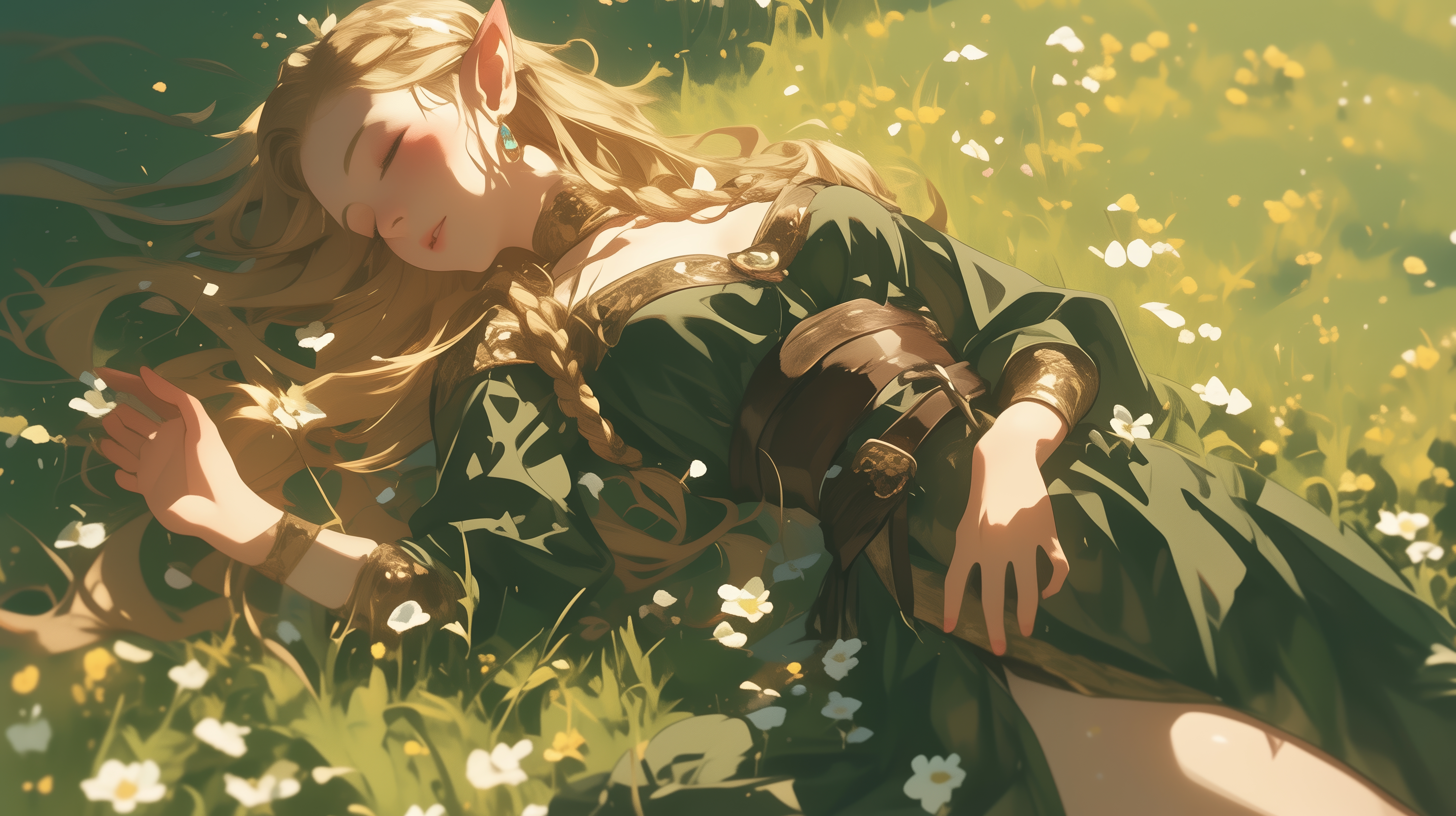 Anime 5824x3264 AI art elf princess lying down grass sunlight sleeping closed eyes blonde pointy ears flowers parted lips long hair lying on back earring women