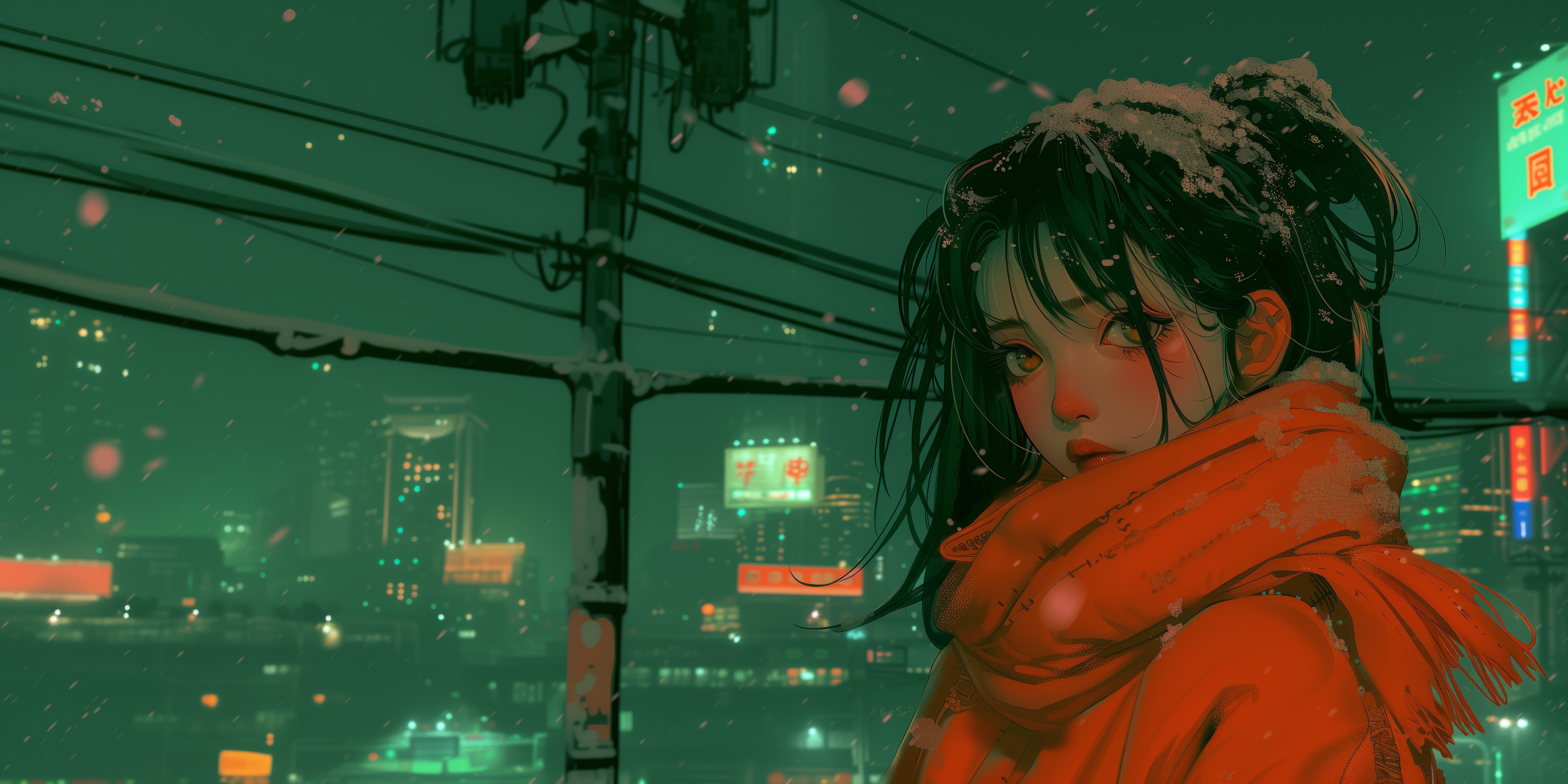 Anime 6144x3072 AI art orange women anime anime girls scarf snow neon city illustration snowing city lights depth of field building looking at viewer women outdoors cold power lines parted lips juicy lips