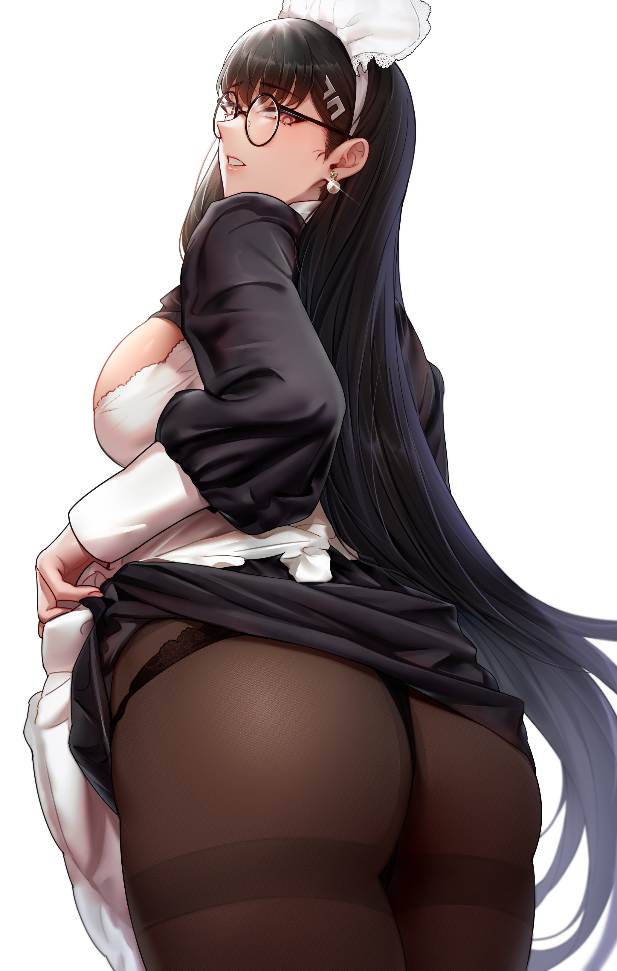 Anime 2064x3247 Blue Archive huge breasts portrait display anime girls Tsukatsuki Rio black hair looking back long hair red eyes looking at viewer maid outfit parted lips hair ornament headdress black underwear panties black panties underwear lifting dress white apron black thong simple background ass white background thighs pantsu shot long sleeves sideboob open mouth Hua-J thong maid