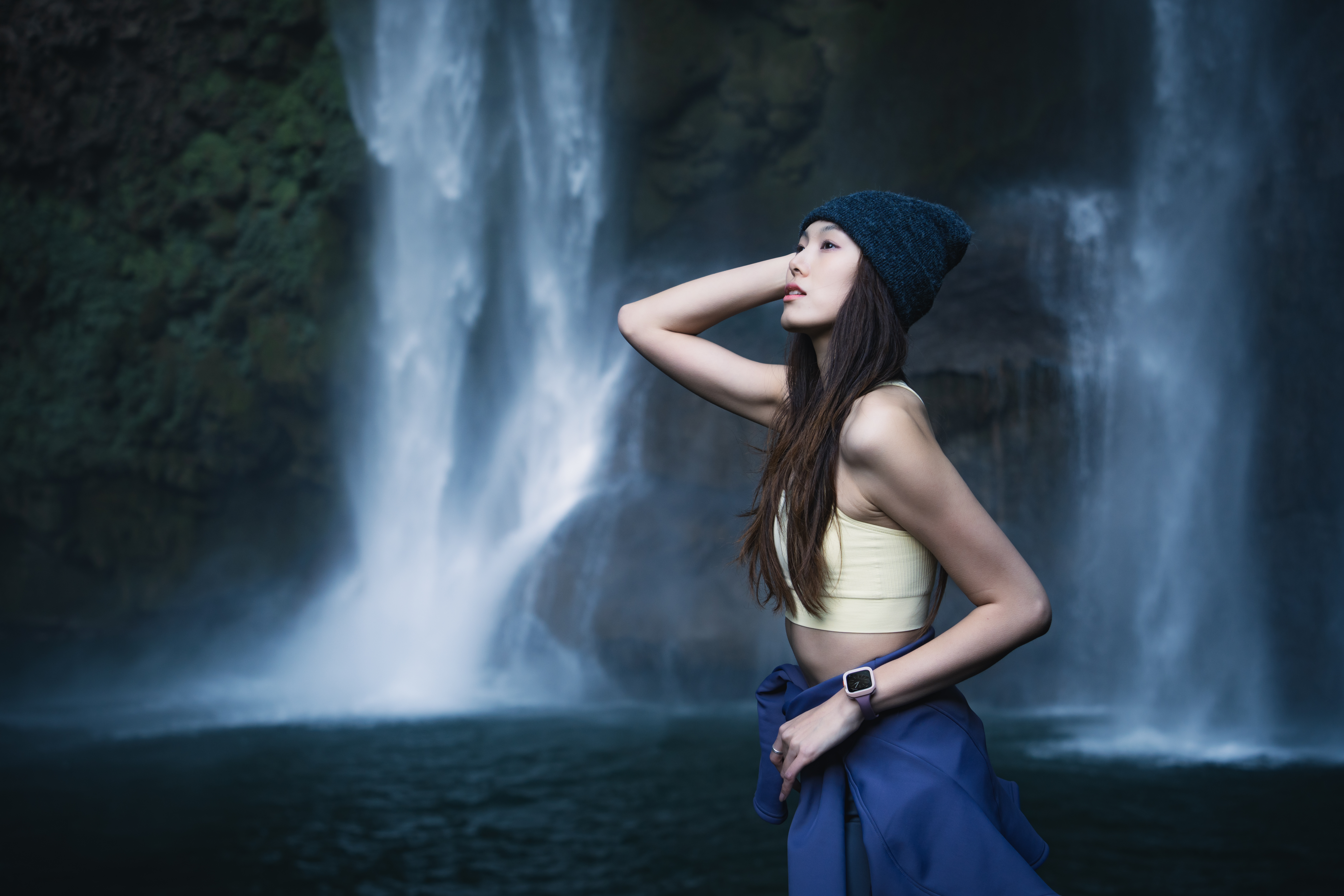 People 7008x4672 Asian waterfall model women women outdoors nature water dark hair long hair beanie