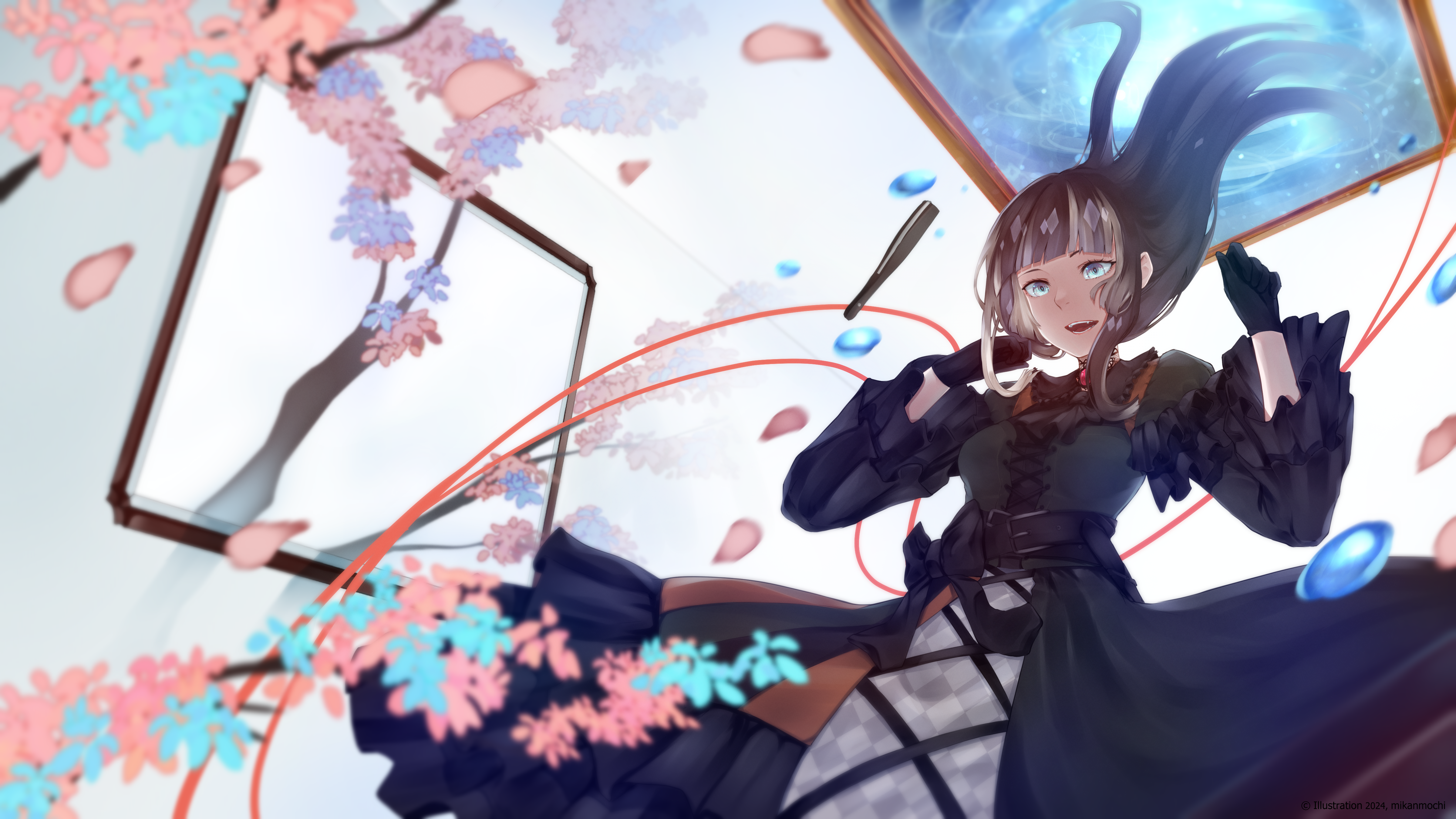 Anime 4800x2700 anime anime girls floral Juufuutei Raden Hololive Virtual Youtuber mikanmoch1 petals open mouth black gloves long sleeves gloves picture frames trees blunt bangs long hair dress lace sidelocks blue eyes frill dress frills lolita fashion Gothic water