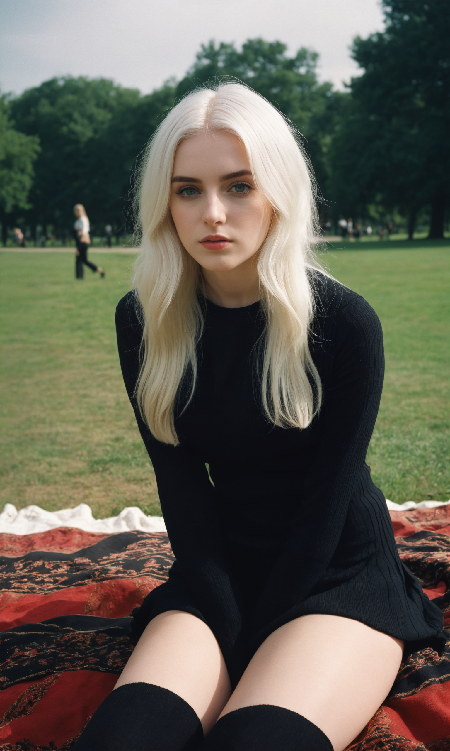 General 1536x2560 AI art Stable Diffusion women looking at viewer thighs knee-highs white hair blonde women outdoors trees grass park sitting portrait display long hair sunlight parted lips black clothing long sleeves