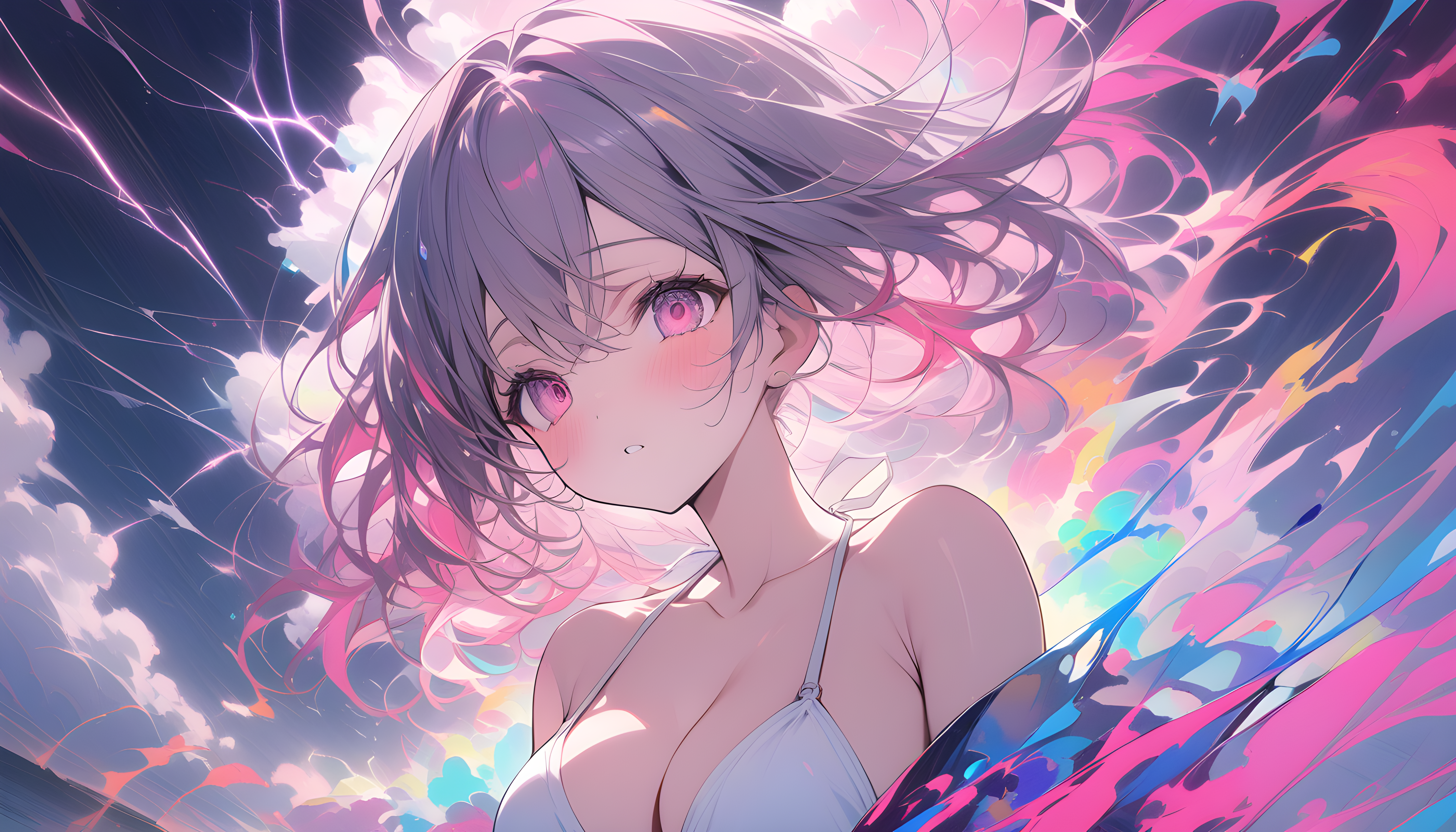Anime 5376x3072 AI art Stable Diffusion looking at viewer boobs shoulder length hair pink eyes paint splash anime girls blushing hair between eyes anime long hair colorful collarbone bare shoulders cleavage parted lips