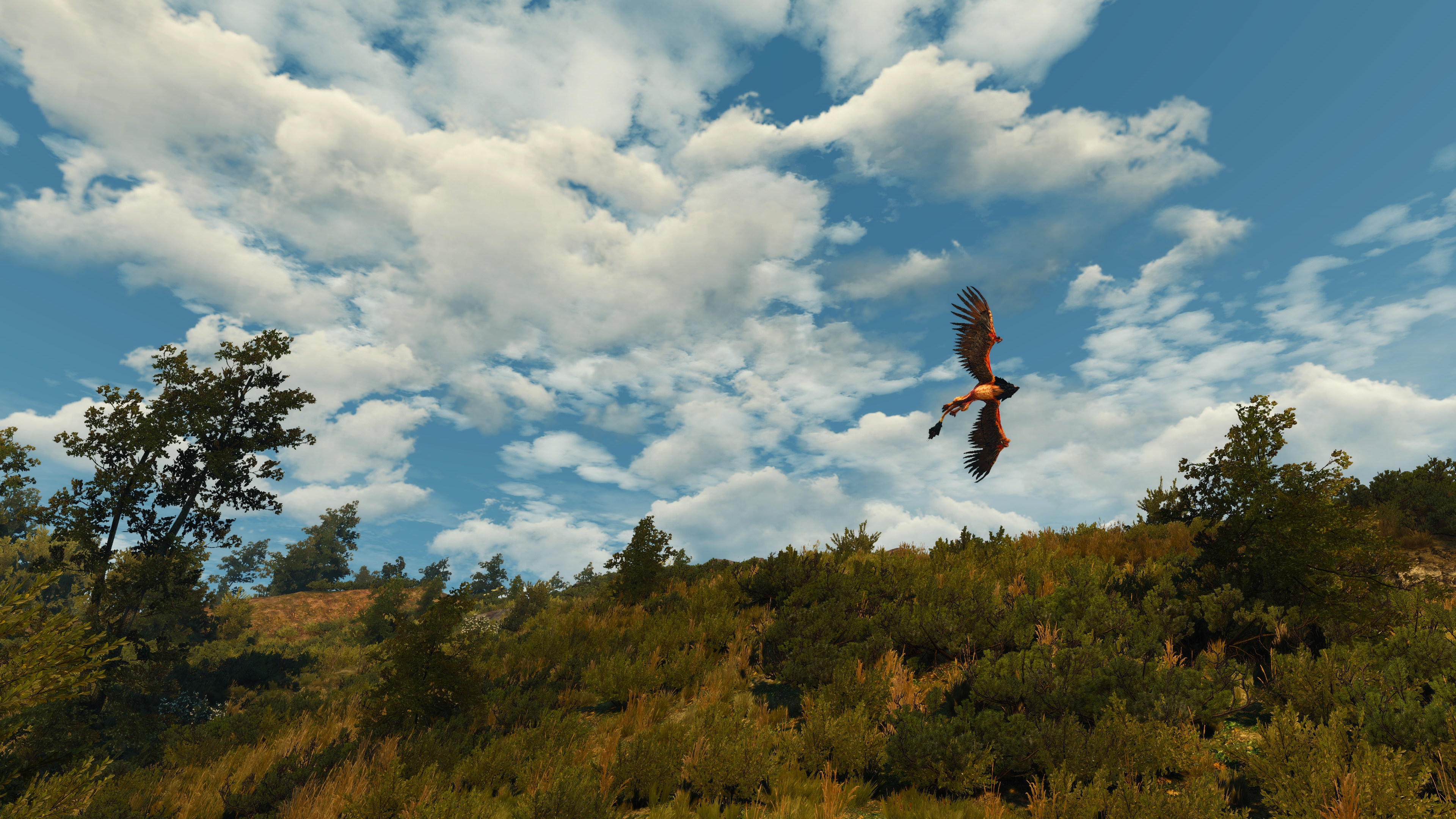 General 3840x2160 The Witcher 3: Wild Hunt screen shot PC gaming The Witcher 3: Wild Hunt - Blood and Wine griffon video game art video games clouds sky trees flying creature skyscape CGI