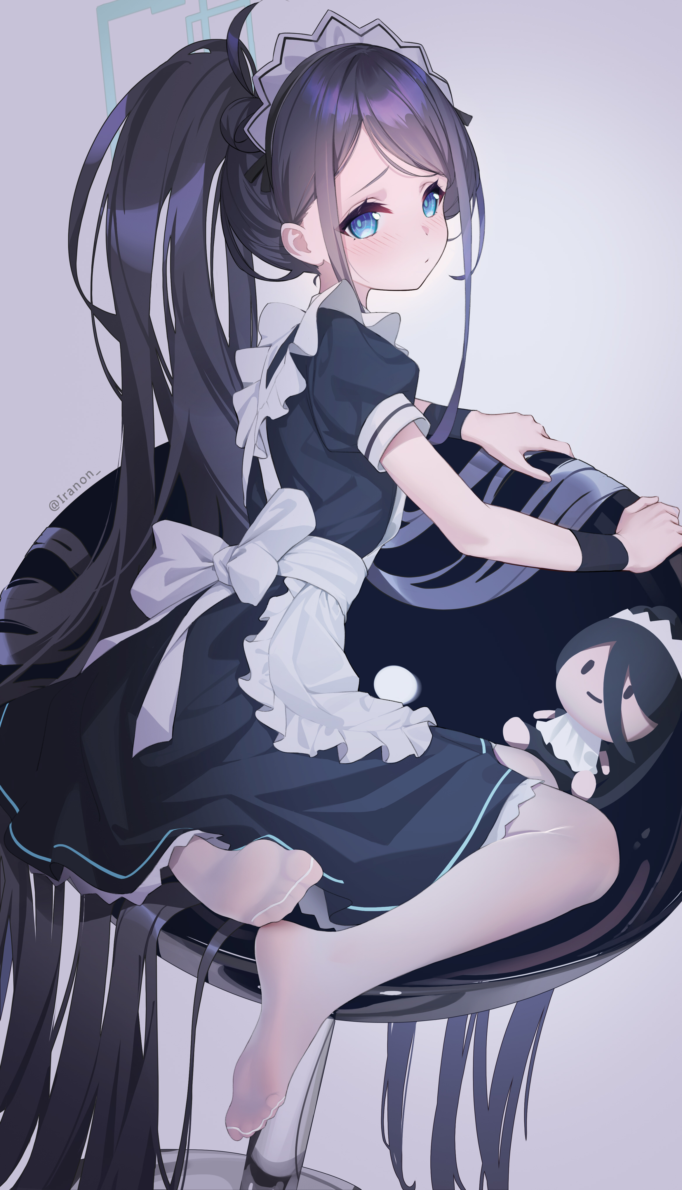 Anime 2336x4078 Blue Archive anime girls anime simple background looking at viewer Iranon short sleeves maid outfit long hair white pantyhose pantyhose closed mouth watermarked blue eyes headdress bent legs foot sole apron maid toes feet