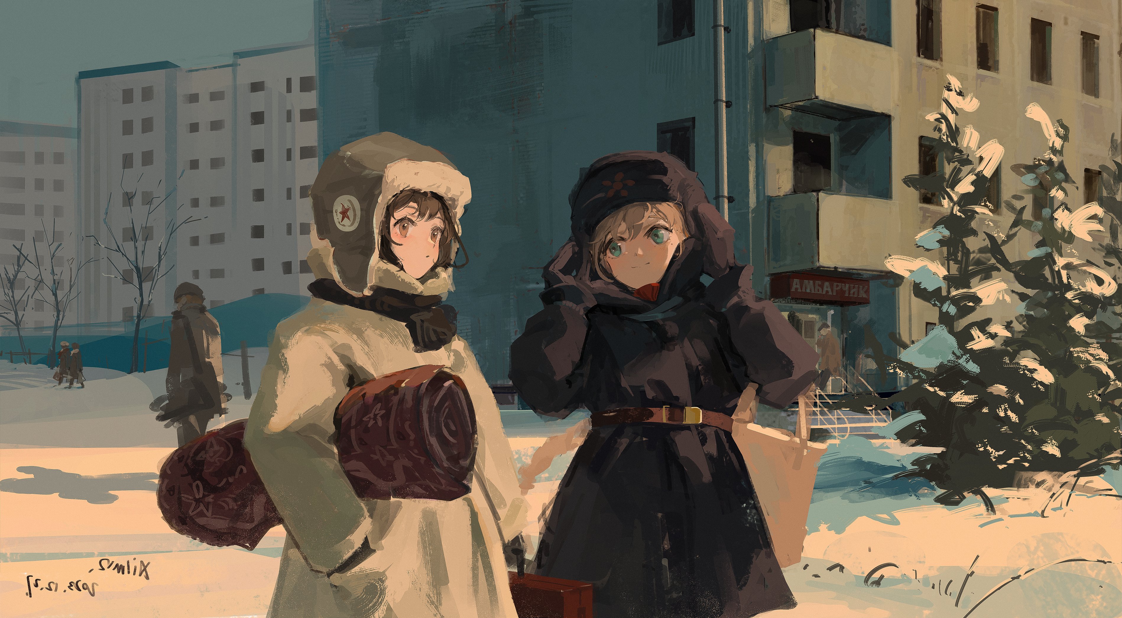 Anime 3796x2093 anime anime girls XilmO USSR Russia women outdoors building hands in pockets trees signature 2023 (year) natural light standing cold coats snow closed mouth brunette blue eyes blonde short hair
