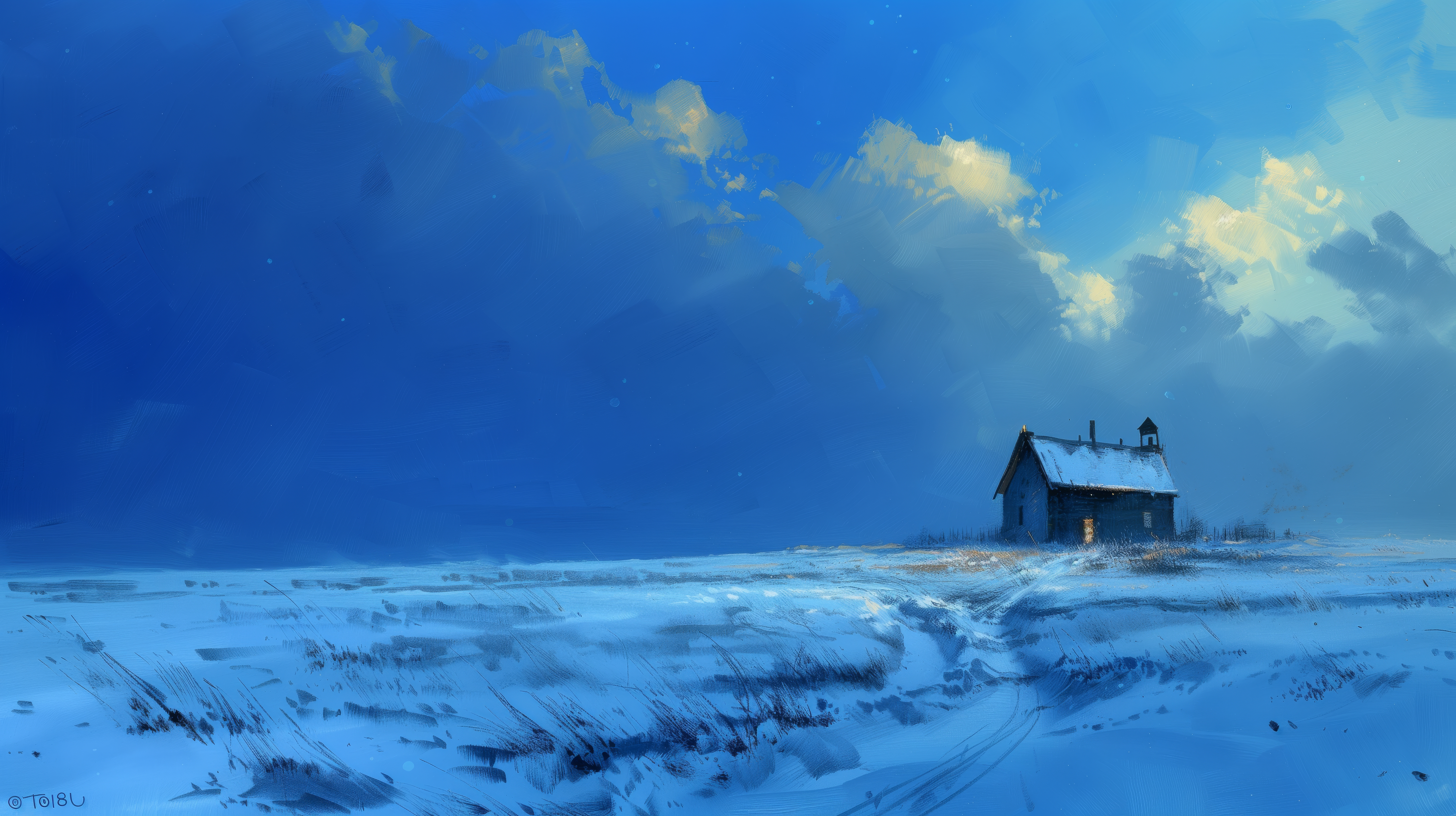 General 5824x3264 AI art clouds illustration evening blue snow winter painting house grass