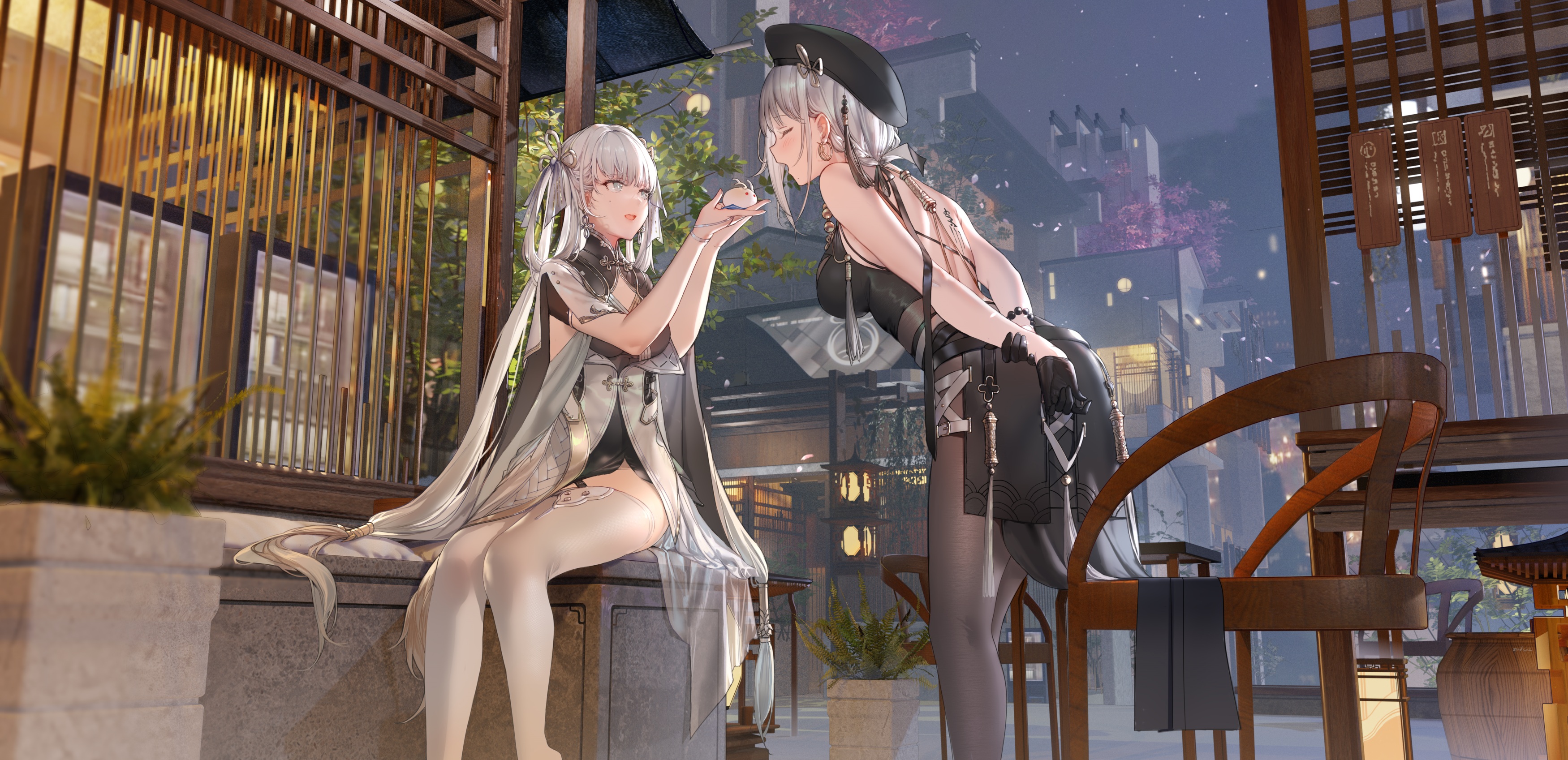 Anime 3500x1697 anime anime girls two women building blushing chinese clothing Sanhua (Wuthering Waves) Jinxi (Wuthering Waves) Swd3e2 night Wuthering Waves Pixiv arm(s) behind back gloves black gloves tassels moles mole under eye long hair white thigh highs thigh-highs earring hat women with hats