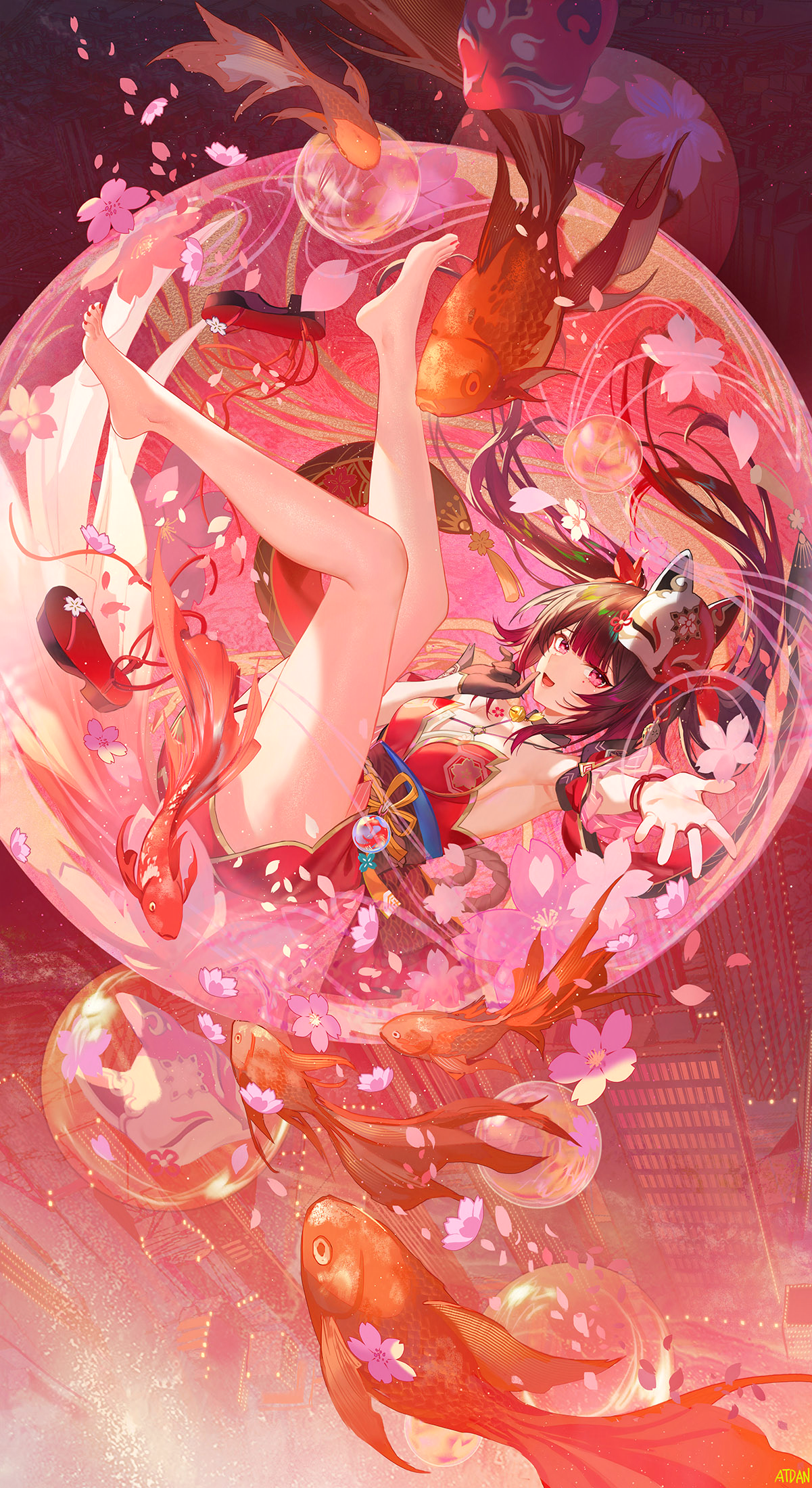 Anime 1201x2200 Honkai: Star Rail artwork Sparkle (Honkai: Star Rail) anime anime girls brunette red eyes twintails kemono long hair fox mask mask goldfish bubbles petals shoes cherry blossom choker portrait display Atdan looking at viewer arms reaching armpits missing glove gloves dress fish tassels pointed toes barefoot foot sole open mouth