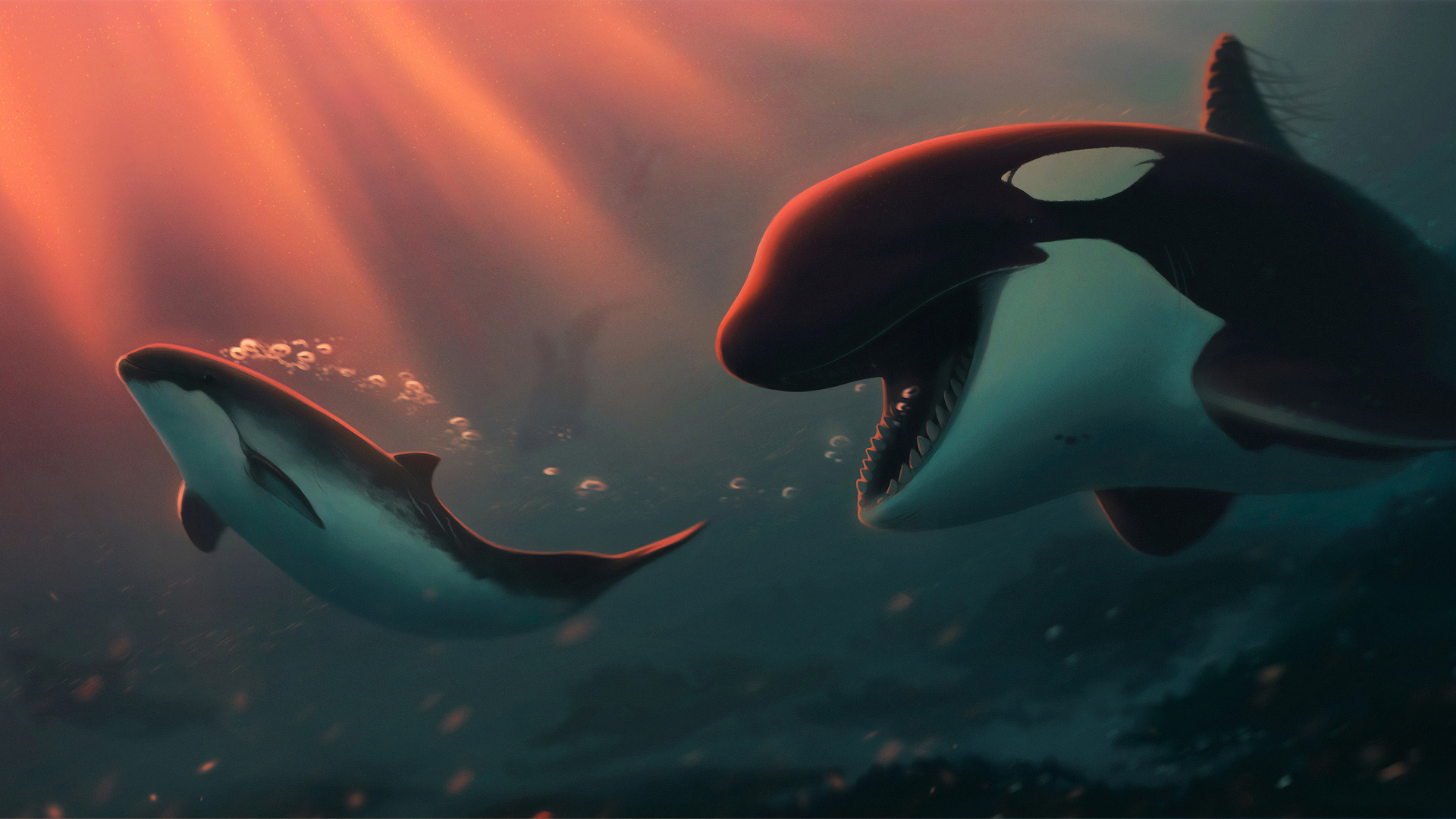 General 1920x1080 nature animals orca digital art underwater bubbles fangs sun rays Ekateruna Kelyukh