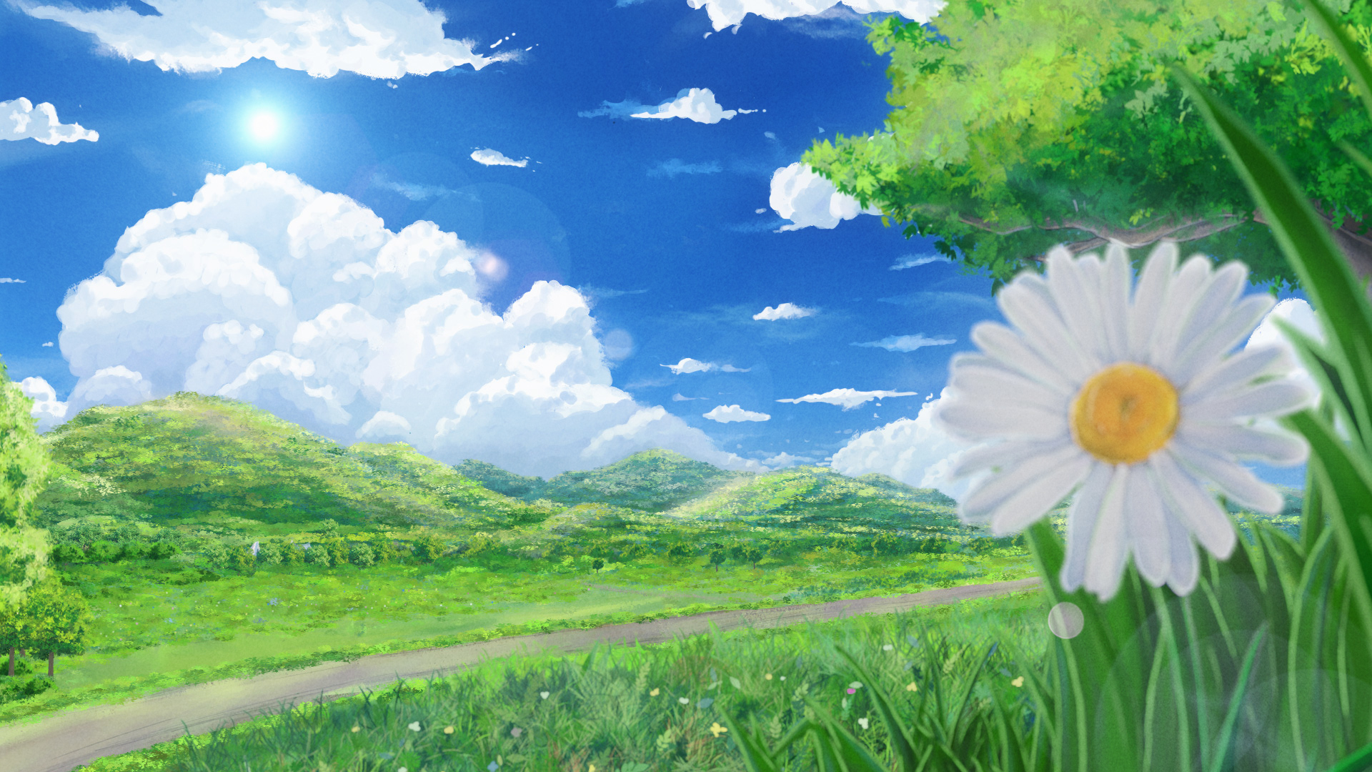 Anime 1920x1080 digital art illustration artwork field nature landscape grass clouds sky animation outdoors flowers plants sunlight depth of field