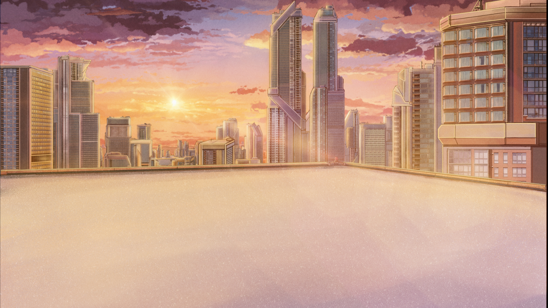 Anime 1920x1080 building digital art anime city city sunset glow sunset clouds sky anime cityscape rooftops outdoors alone
