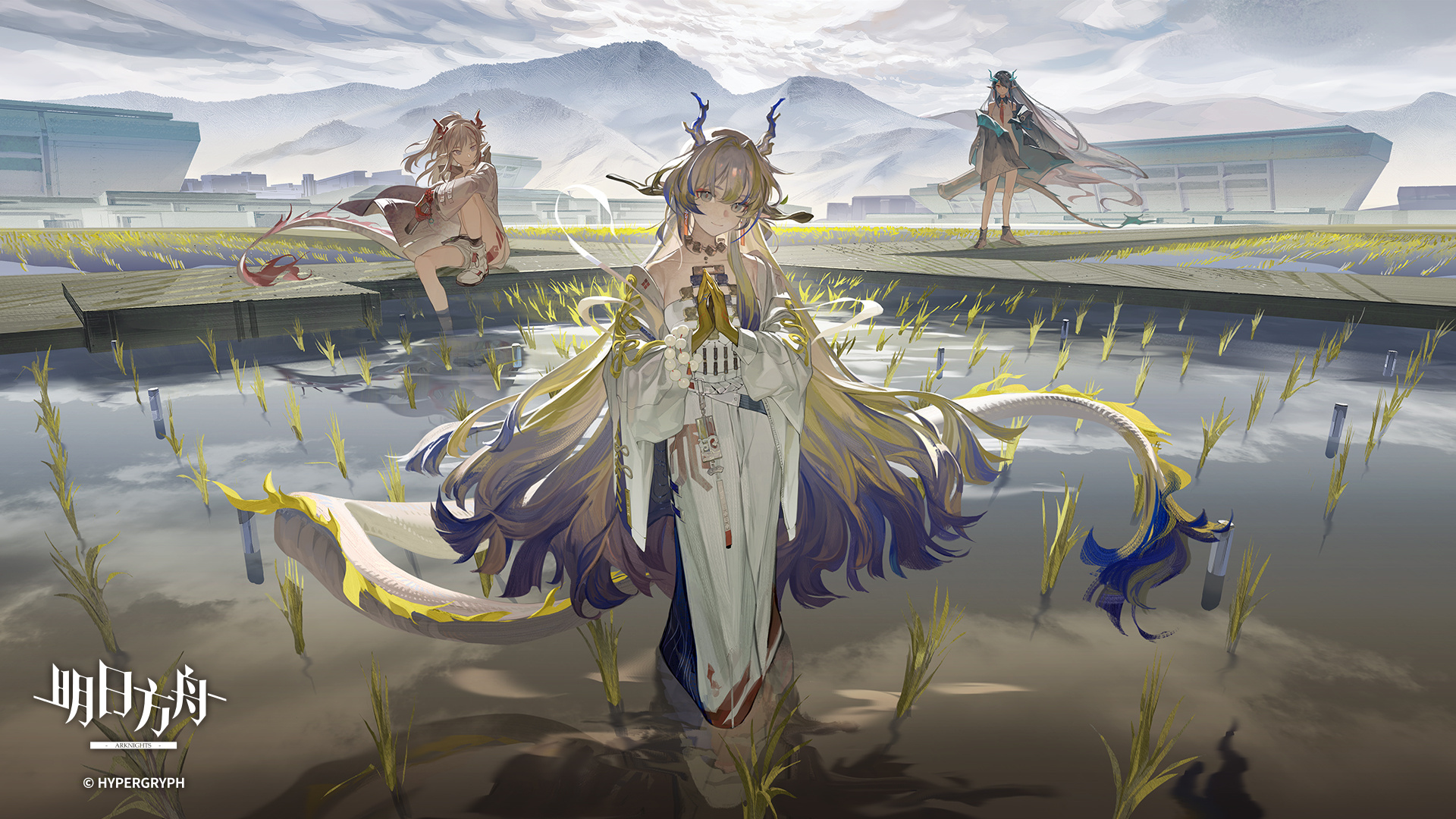 Anime 1920x1080 Arknights group of women women trio pointy ears Dusk (Arknights) long hair Nian(Arknights) Luckyia Shu (Arknights) standing looking at viewer horns rice fields two tone hair women outdoors tail dragon girl dragon horns watermarked clouds water bare shoulders sky hair ornament hair between eyes anime anime girls reflection