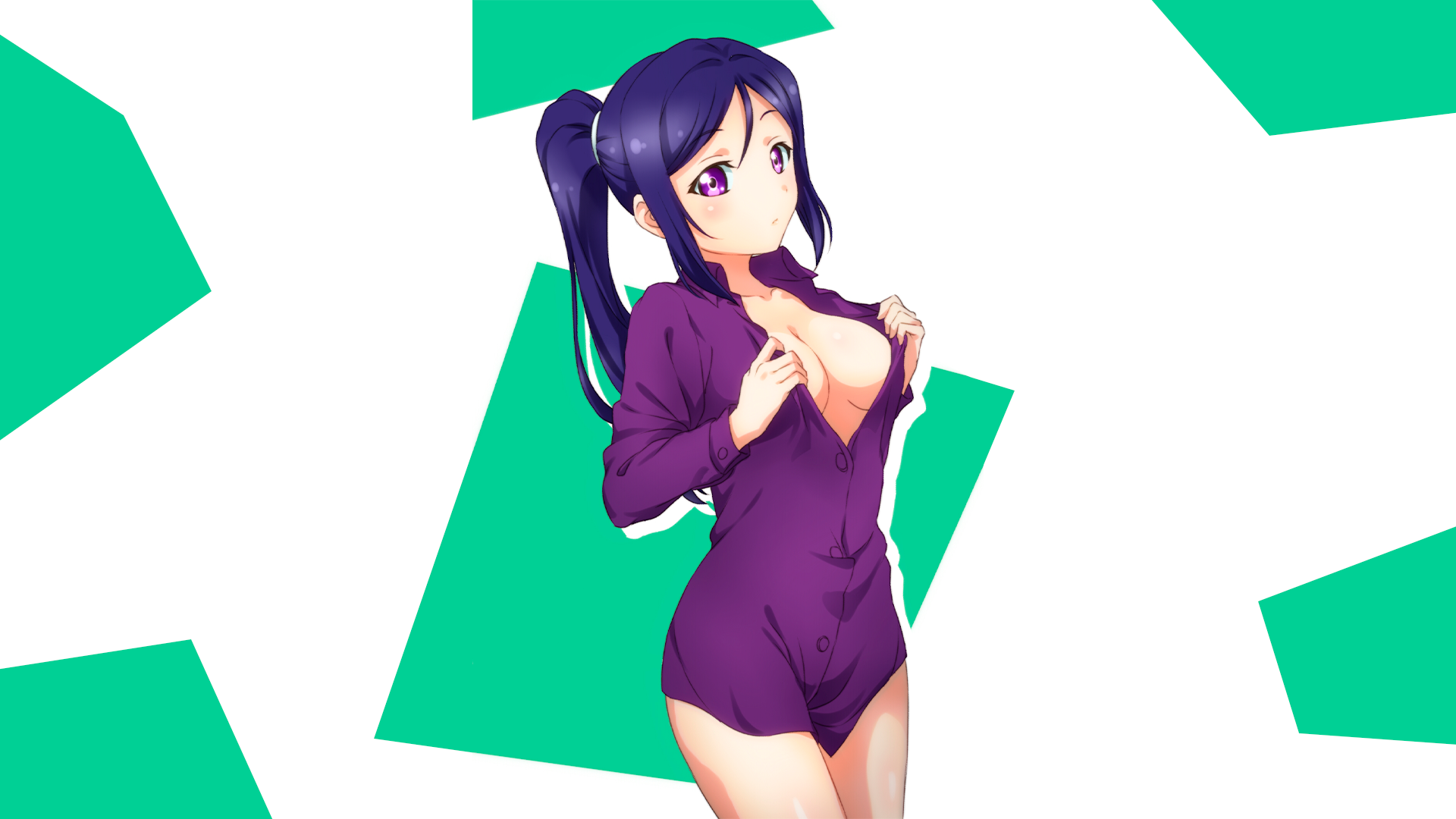 Anime 1920x1080 Love Live! anime girls Matsuura Kanan standing Love Live! Sunshine skinny blushing closed mouth simple background anime long hair ponytail cleavage open clothes open shirt big boobs purple hair purple eyes shapes collarbone bright SurfingOrange