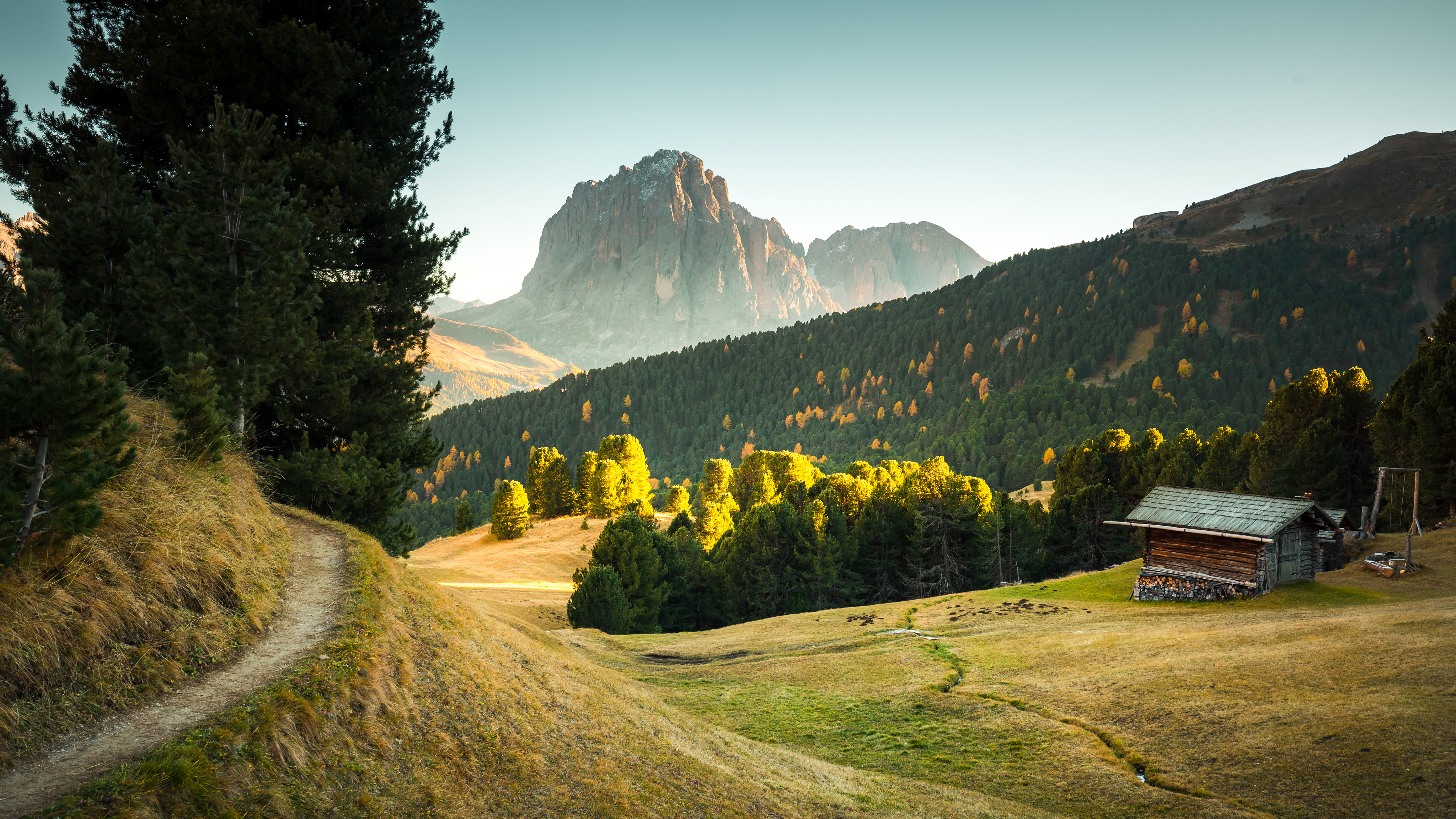 General 4096x2304 photography nature Dolomites golden hour mountains Farmhouse grass sky Italy trees landscape sunlight