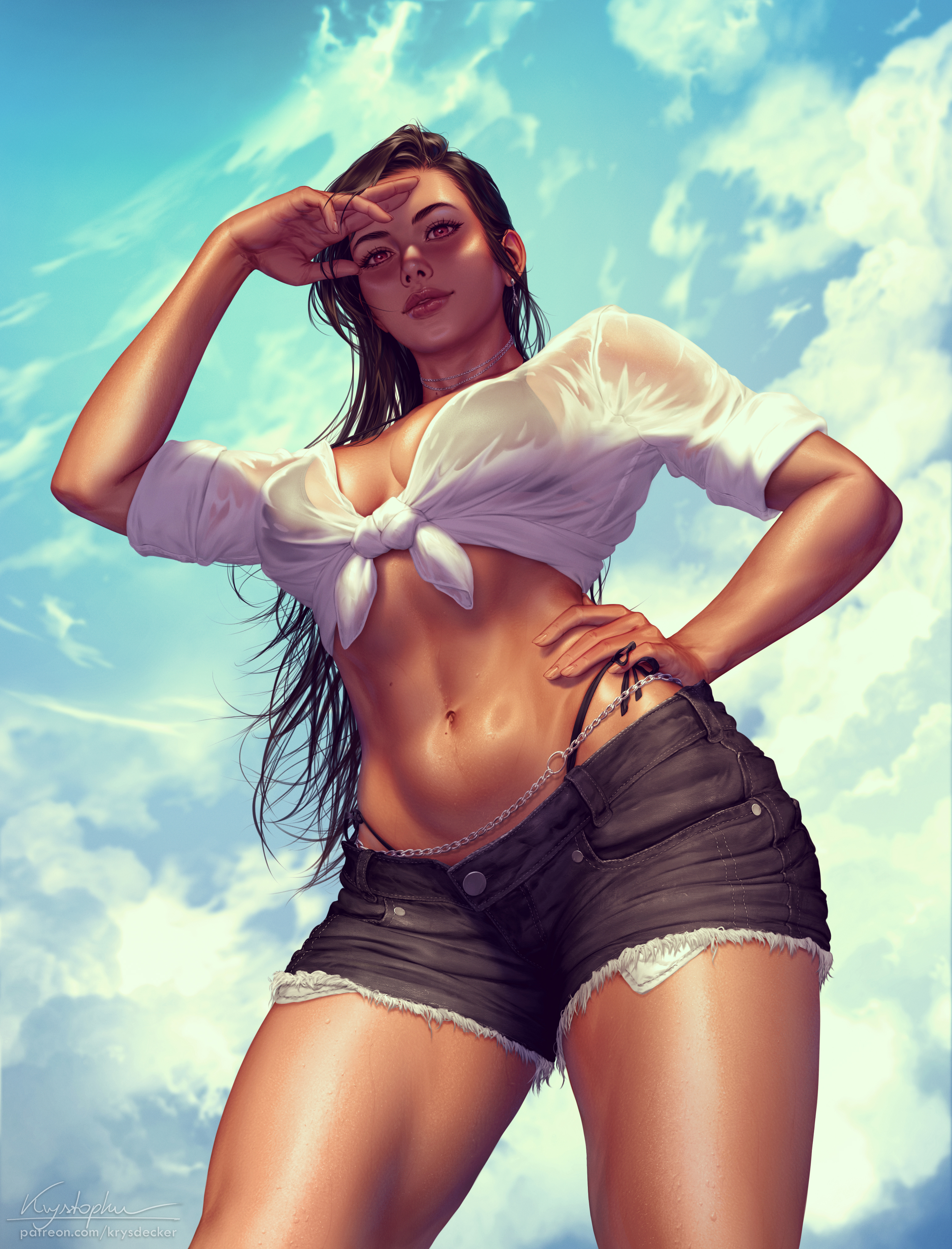 General 3085x4047 Tifa Lockhart Final Fantasy video game characters video game girls artwork drawing fan art Krys Decker skimpy clothes video games standing looking at viewer clouds hands on waist long hair parted lips big boobs signature watermarked women outdoors earring choker juicy lips sky tied top jean shorts wet clothing