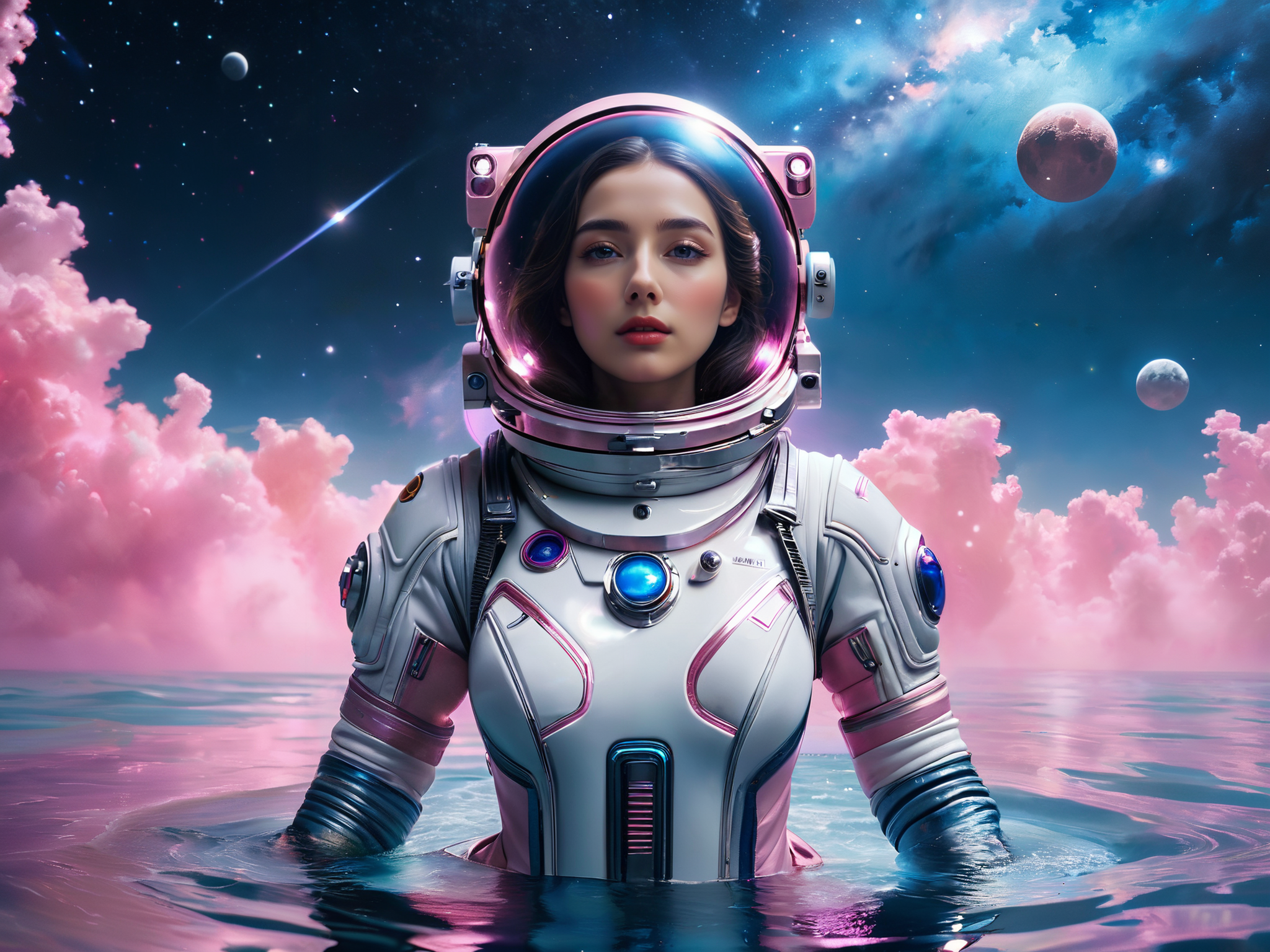 General 2048x1536 women space helmet planet clouds astronaut expensive blue background long hair water illustration AI art digital art red lipstick looking at viewer pink parted lips lipstick stars sky spacesuit