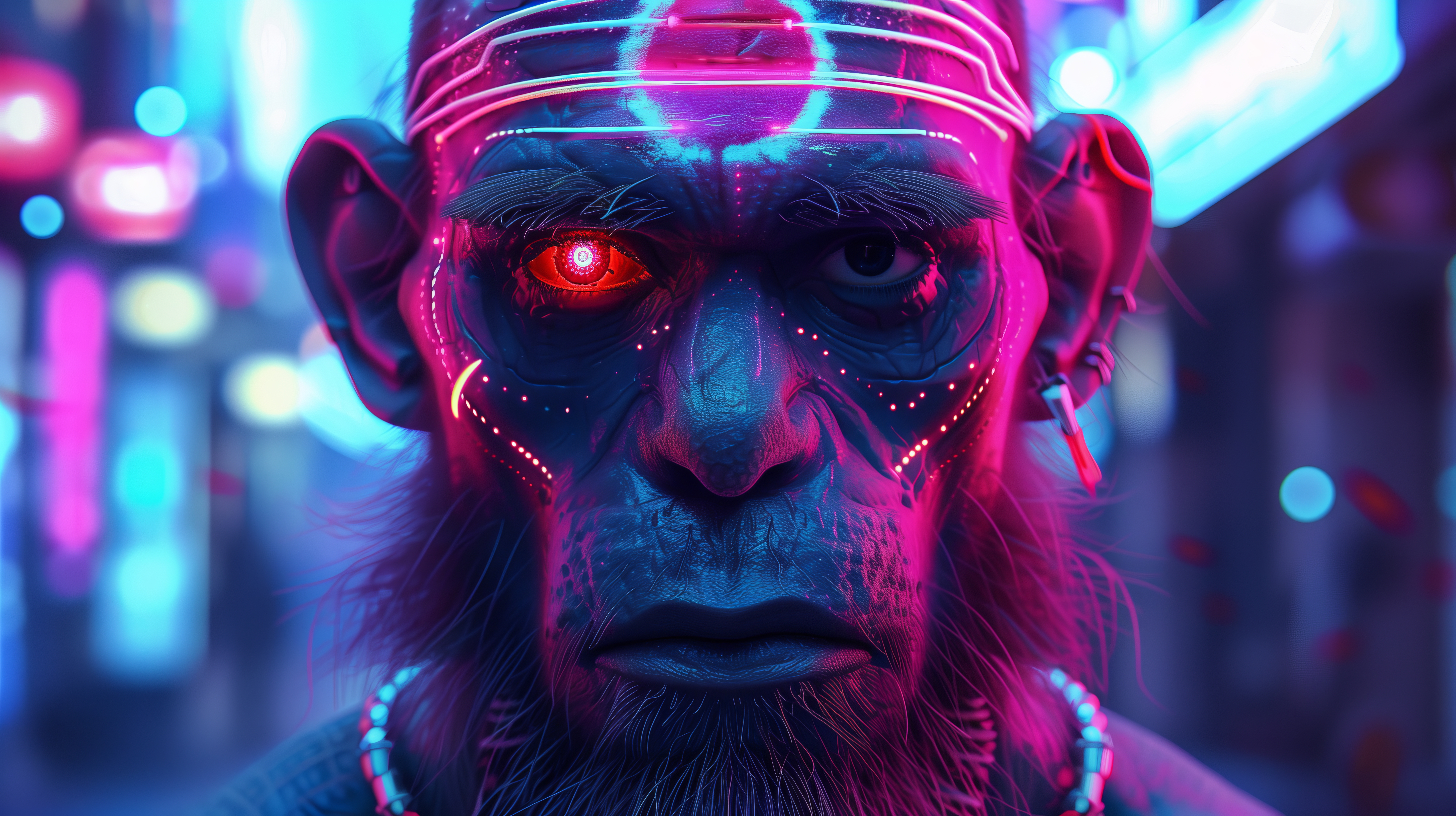 General 5824x3264 AI art hybrid animal cyborg neon India illustration science fiction Ape looking at viewer blurred blurry background fur animals closeup